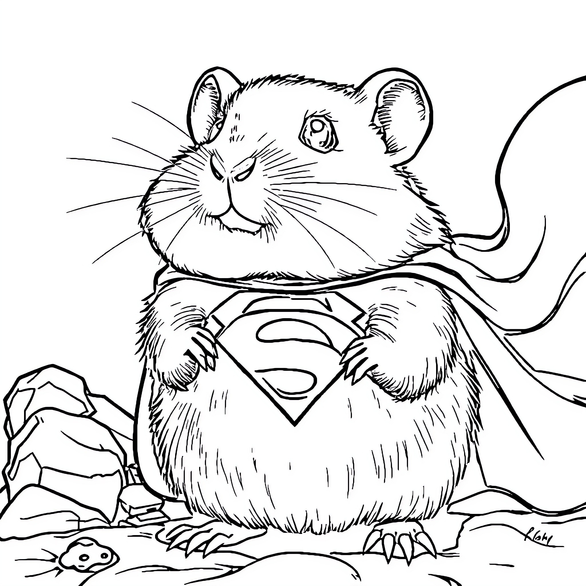 Hamster dressed as a superhero Coloring Page (free black-and-white line drawing printable PDF for all, from beginners to advanced learners, including children, teens, adults, and seniors)
