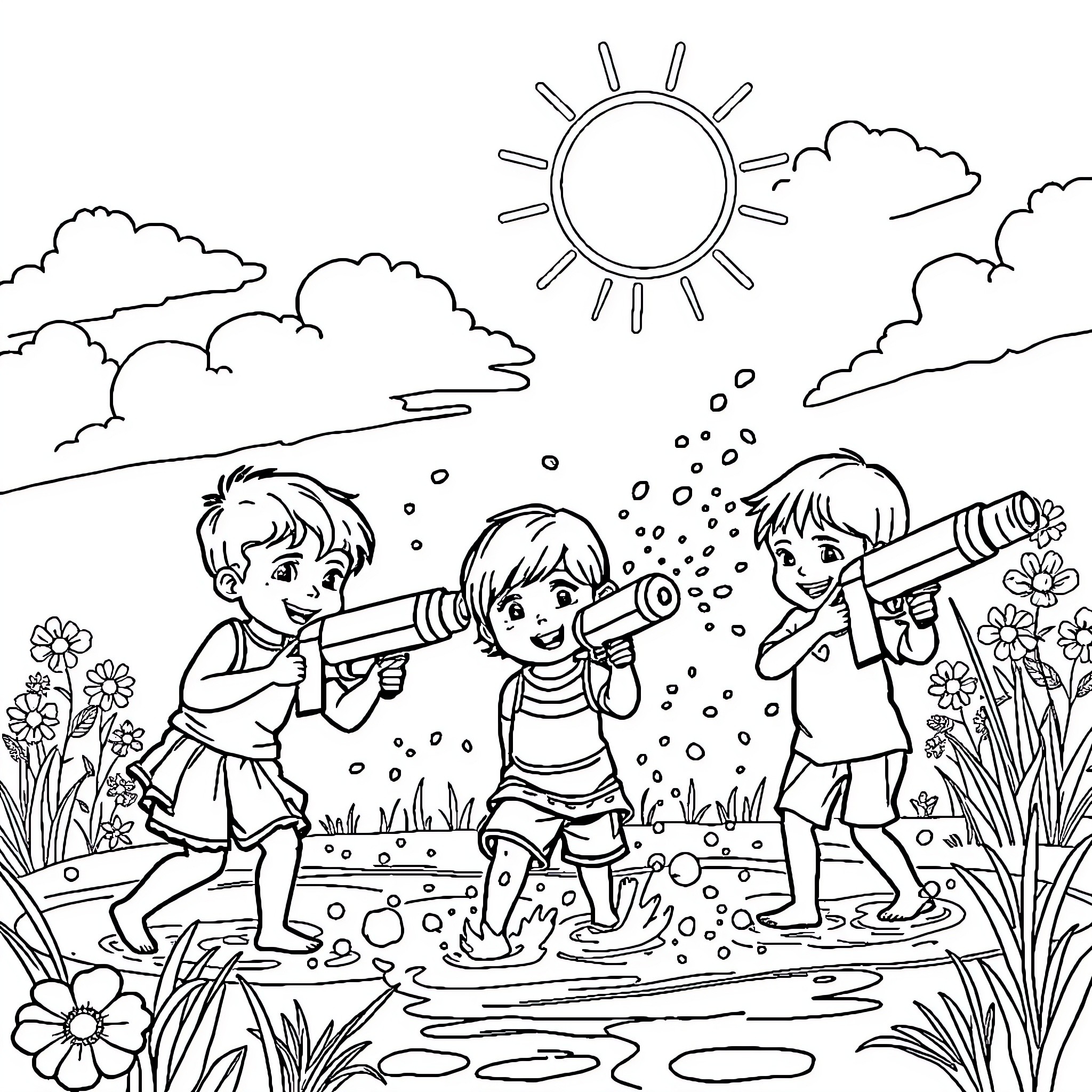 Water Gun Battle in Summer Sunshine Coloring Page (free black-and-white line drawing printable PDF for all, from beginners to advanced learners, including children, teens, adults, and seniors)