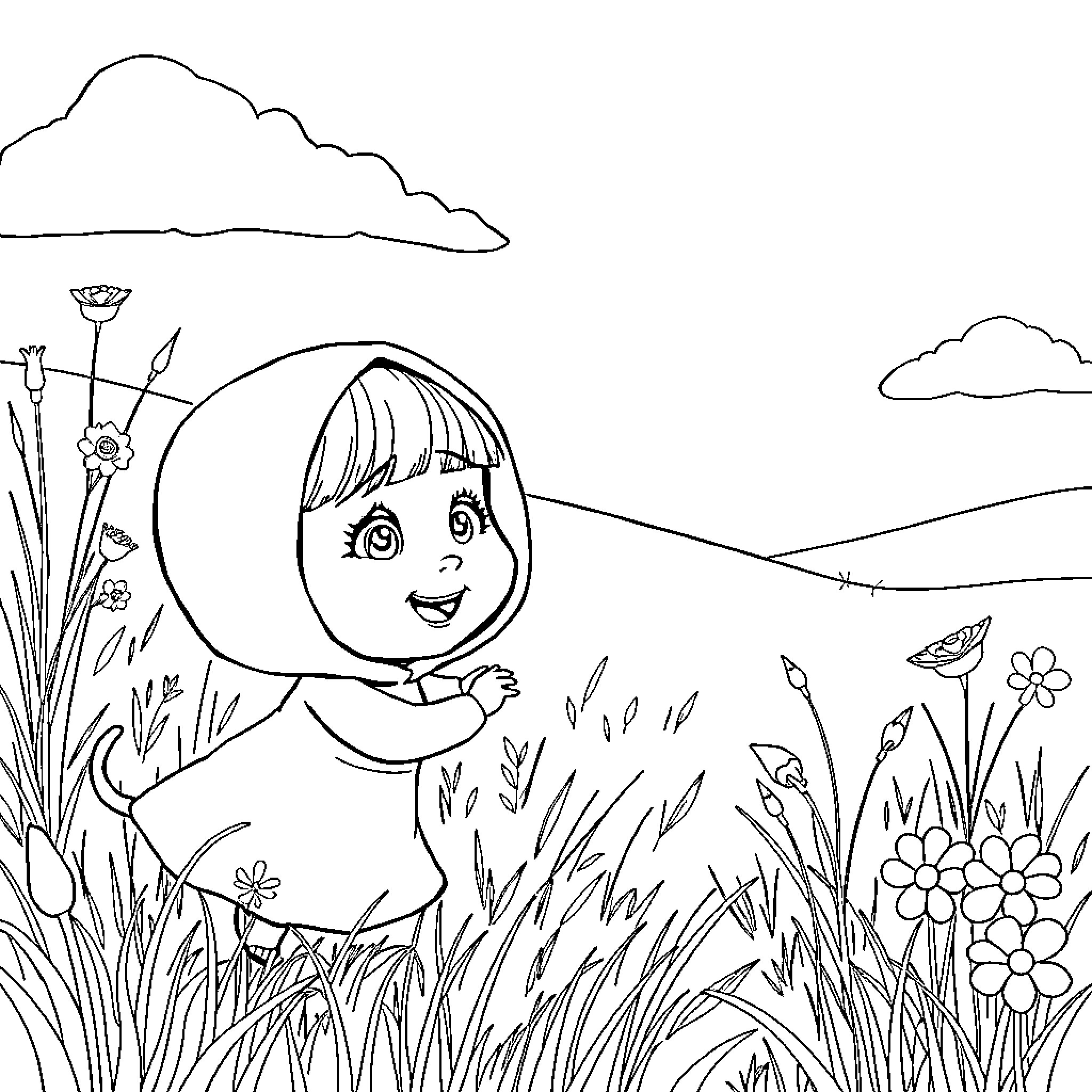 Masha's Playful Adventure in the Meadow Coloring Page (free black-and-white line drawing printable PDF for all, from beginners to advanced learners, including children, teens, adults, and seniors)