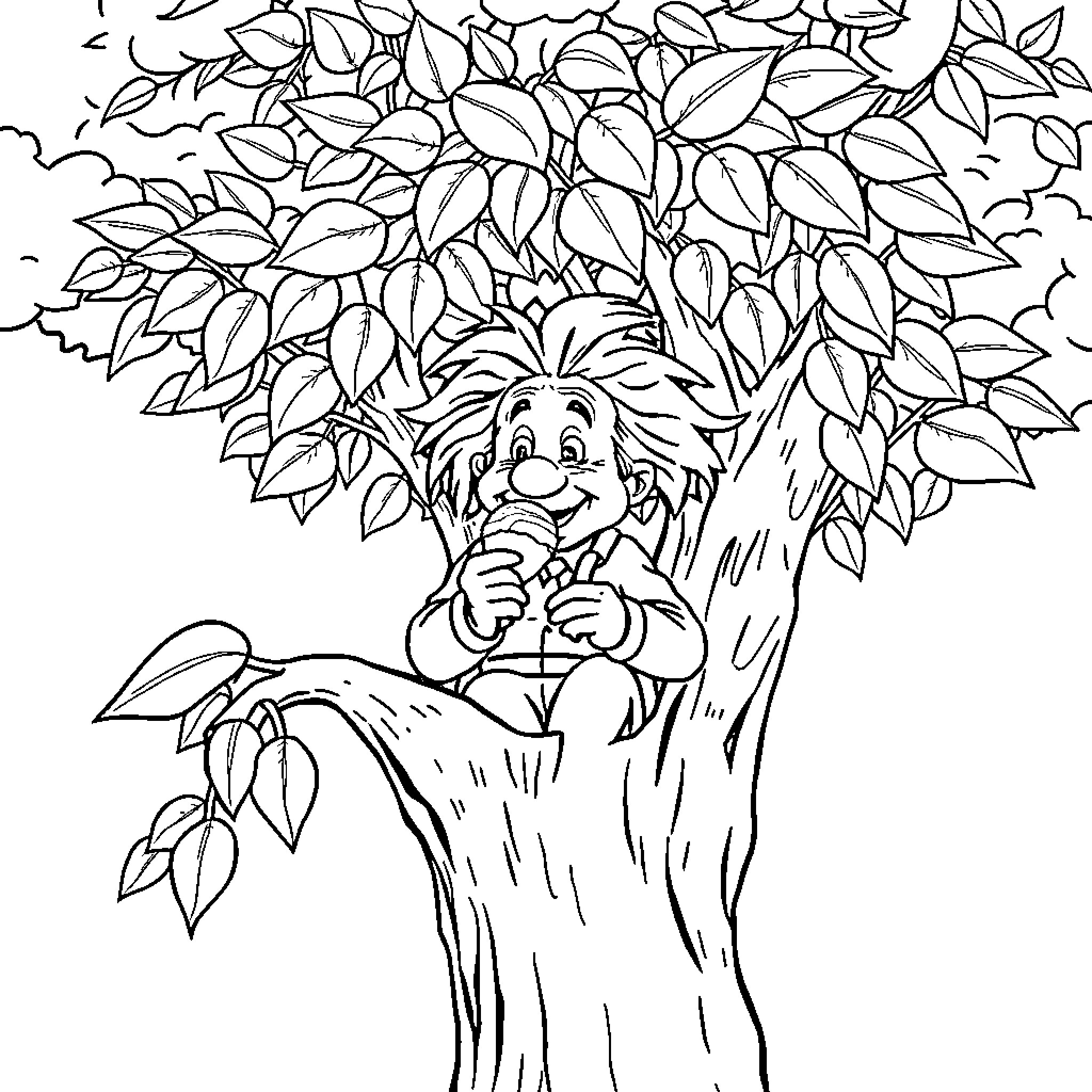 Einstein's Whimsical Adventure in the Enchanted Forest Coloring Page (free black-and-white line drawing printable PDF for all, from beginners to advanced learners, including children, teens, adults, and seniors)