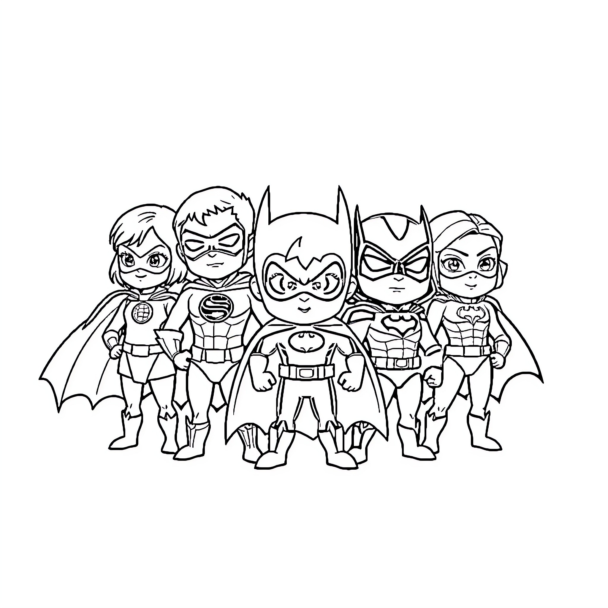 Justice League of superheroes in action poses Coloring Page (free black-and-white line drawing printable PDF for all, from beginners to advanced learners, including children, teens, adults, and seniors)