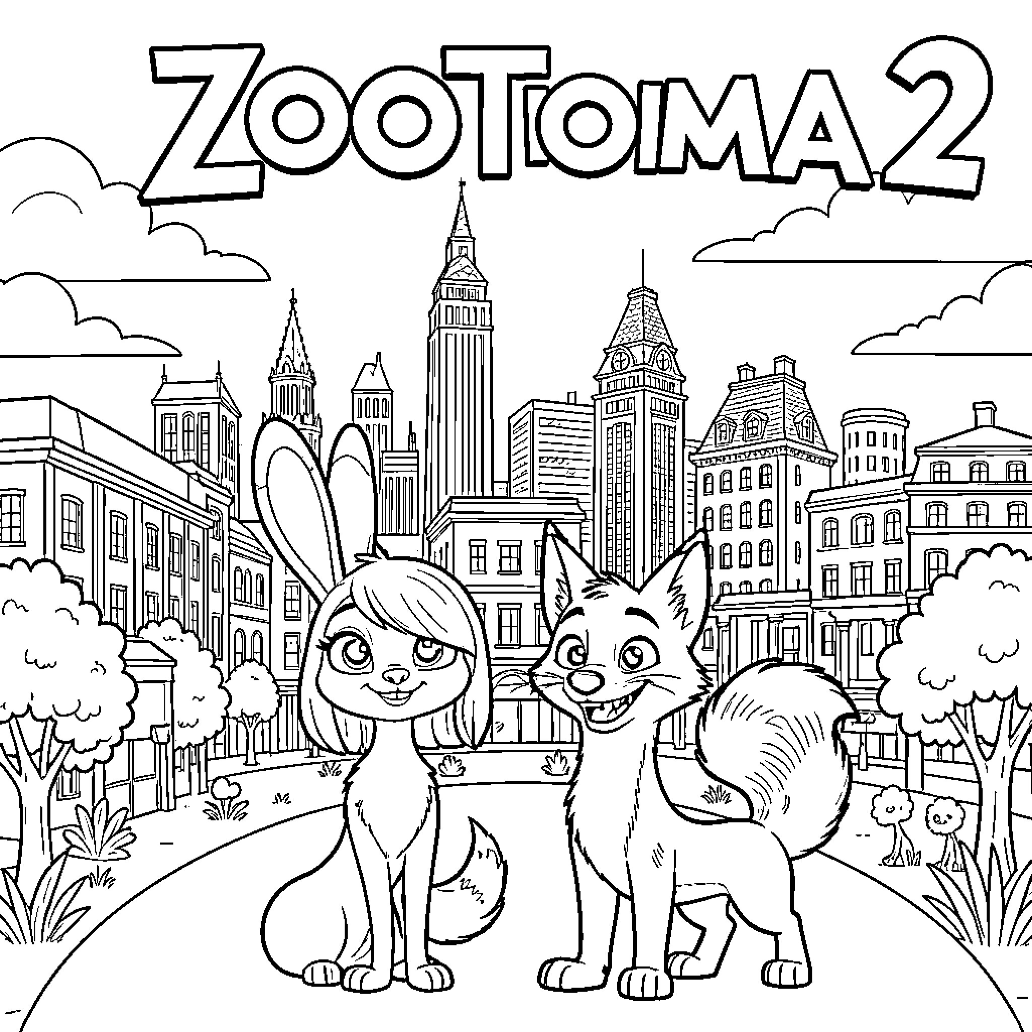 Zootopia 2: Cartoon Animals Exploring the City Coloring Page (free black-and-white line drawing printable PDF for all, from beginners to advanced learners, including children, teens, adults, and seniors)