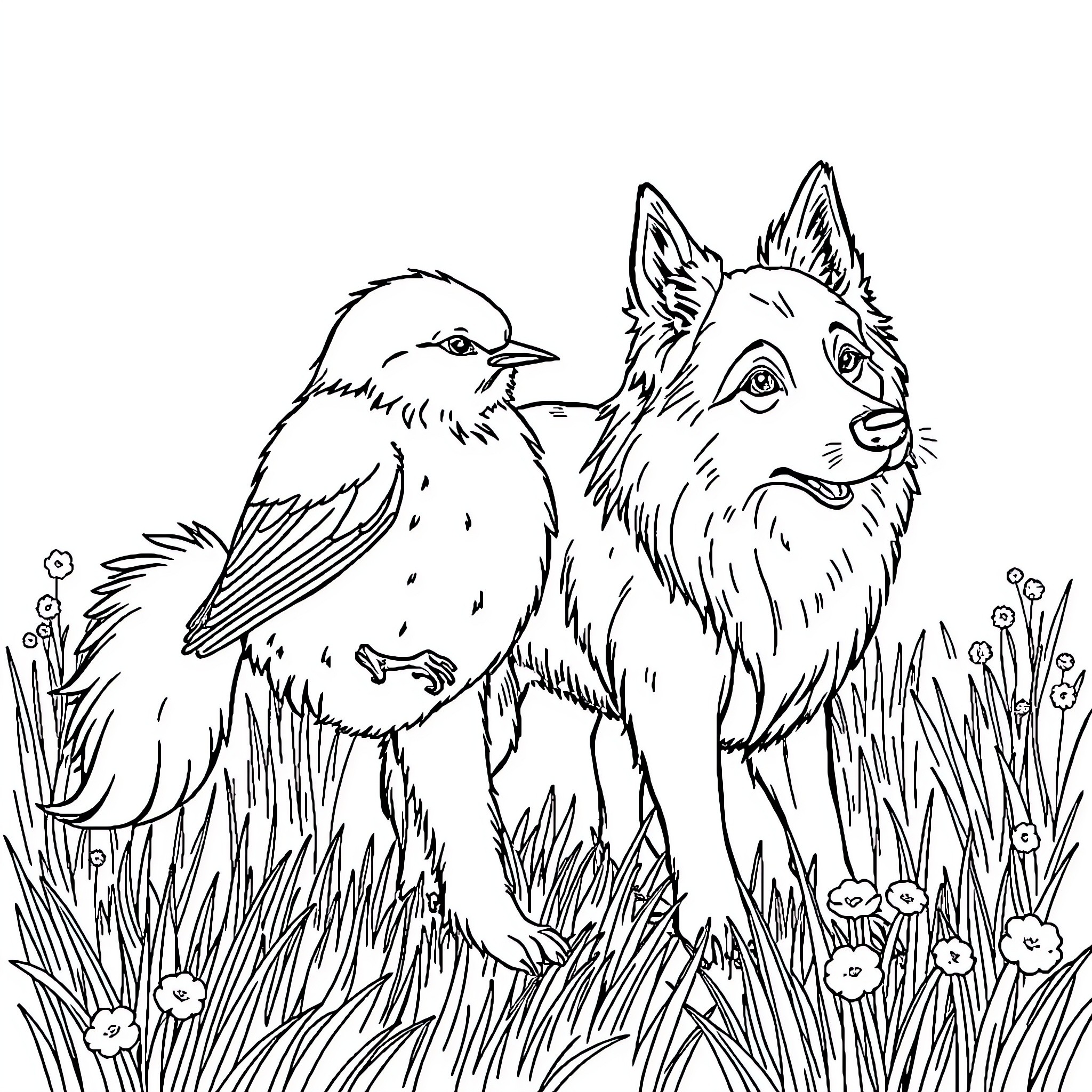 Frog and wolf in forest meadow Coloring Page (free black-and-white line drawing printable PDF for all, from beginners to advanced learners, including children, teens, adults, and seniors)