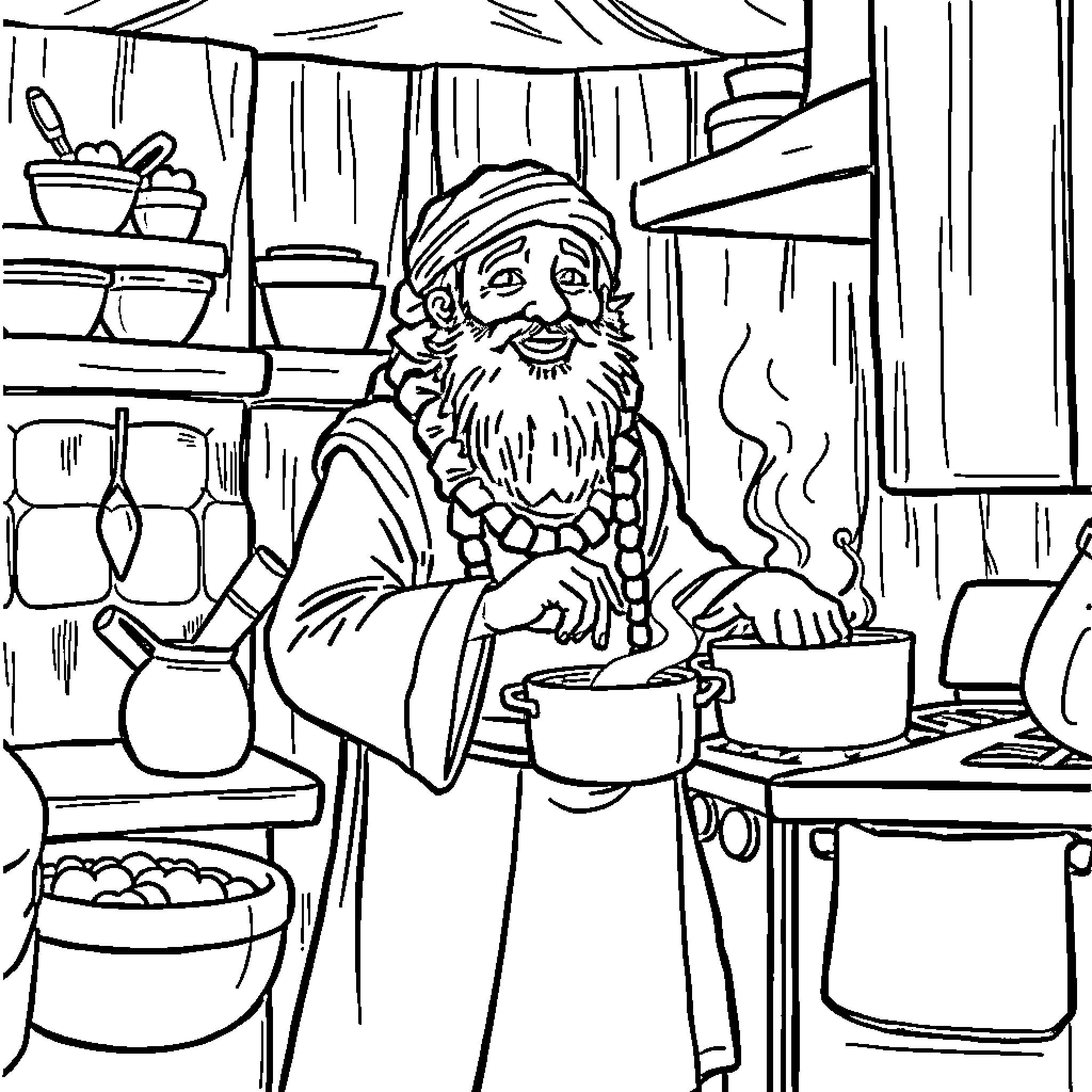 Rumi cooking delicious meals in a cozy kitchen Coloring Page (free black-and-white line drawing printable PDF for all, from beginners to advanced learners, including children, teens, adults, and seniors)