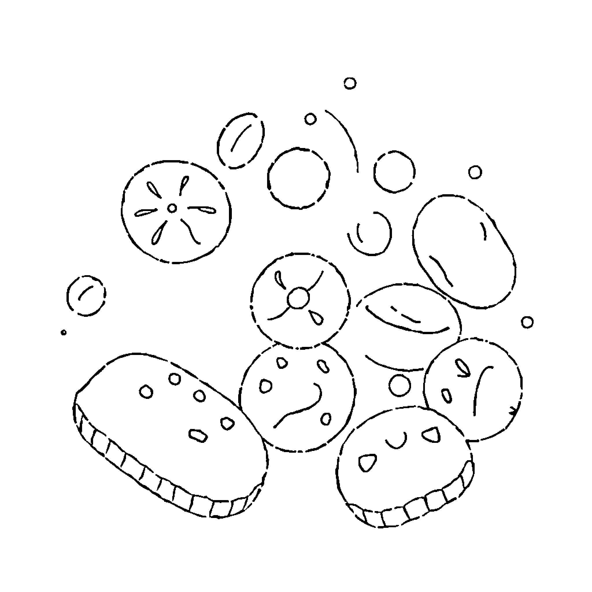 Gingerbread Man baking with festive shapes Coloring Page (free black-and-white line drawing printable PDF for all, from beginners to advanced learners, including children, teens, adults, and seniors)