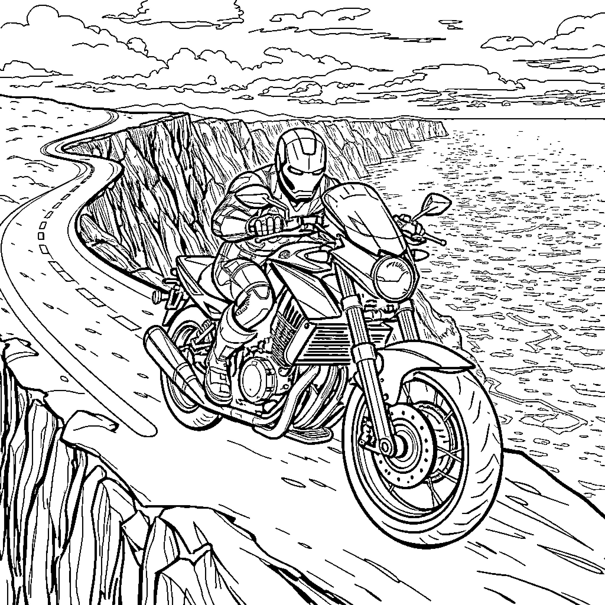 Ironman riding a powerful motorcycle on the cliffside road Coloring Page (free black-and-white line drawing printable PDF for all, from beginners to advanced learners, including children, teens, adults, and seniors)