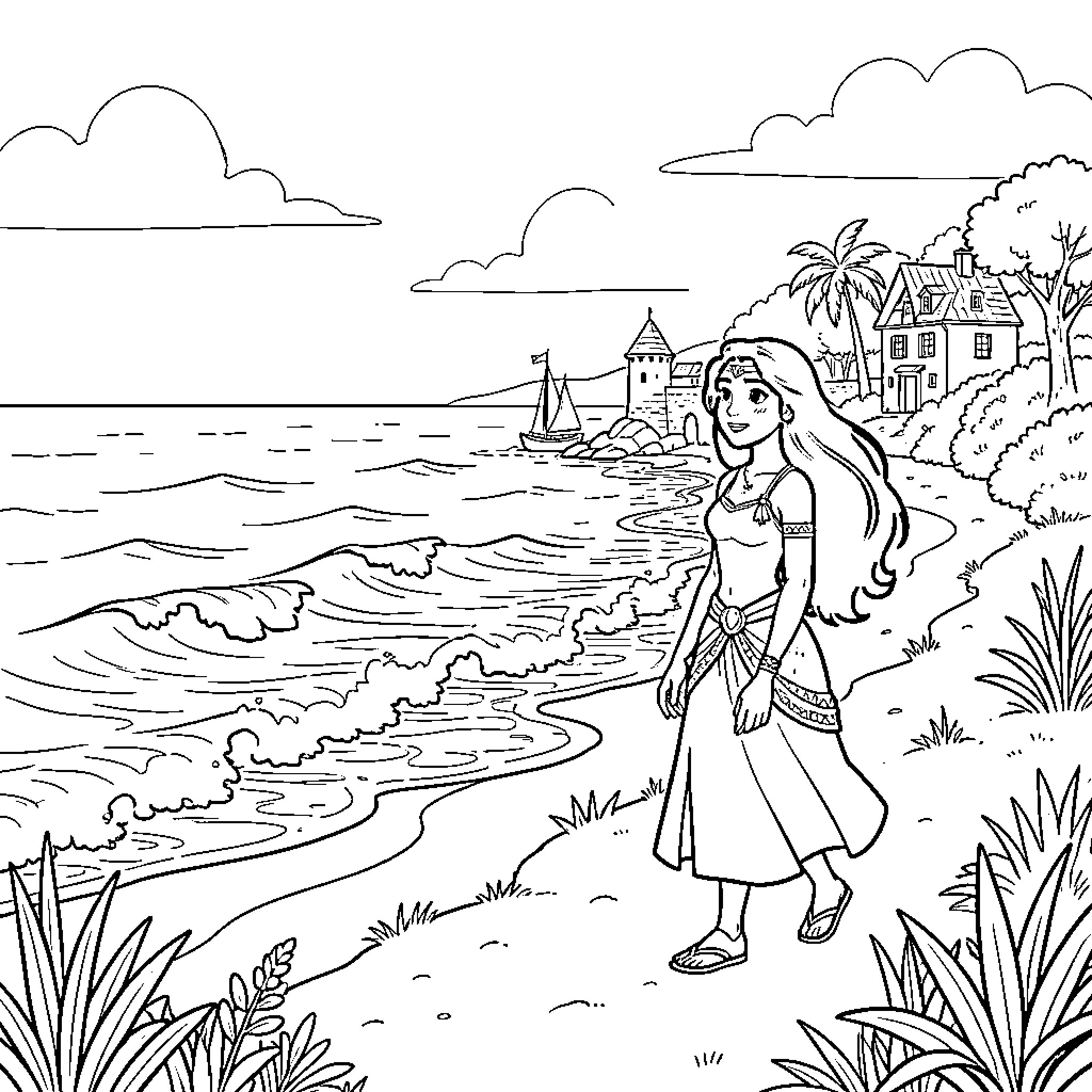 Vaiana walking happily along a tropical beach shore Coloring Page (free black-and-white line drawing printable PDF for all, from beginners to advanced learners, including children, teens, adults, and seniors)