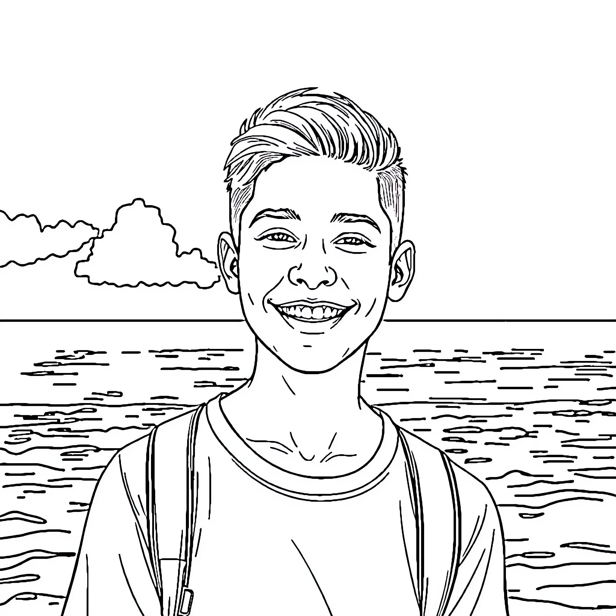 Teenager enjoys peaceful moment at the beach Coloring Page (free black-and-white line drawing printable PDF for all, from beginners to advanced learners, including children, teens, adults, and seniors)
