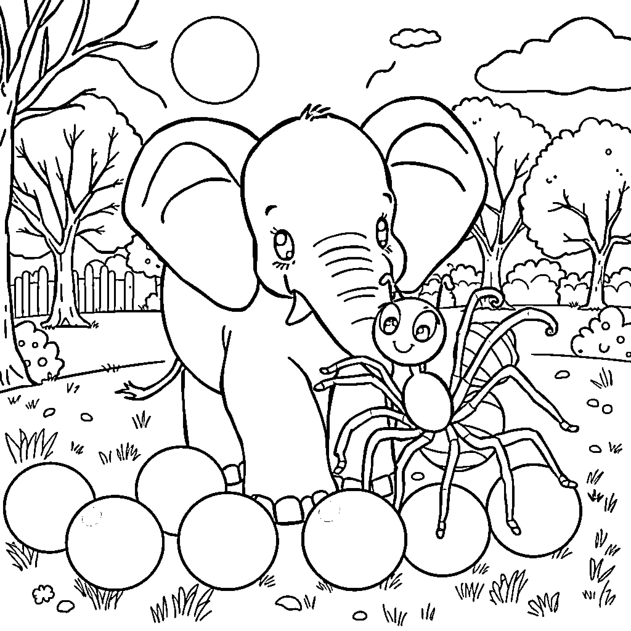 Elephant and Bug Exploring Outdoor Scene Coloring Page (free black-and-white line drawing printable PDF for all, from beginners to advanced learners, including children, teens, adults, and seniors)