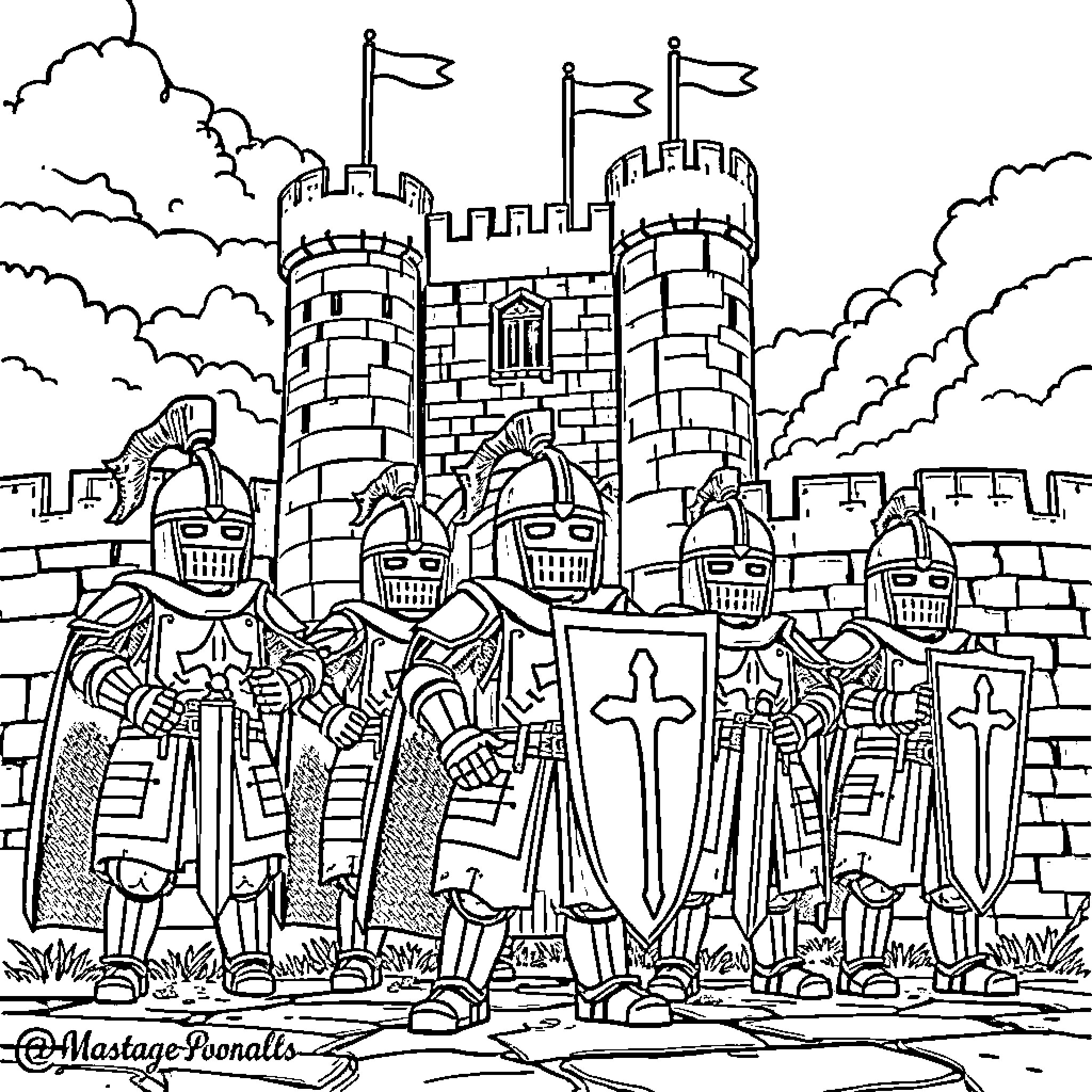 Knight in Shining Armor Standing Guard at Castle Coloring Page (free black-and-white line drawing printable PDF for all, from beginners to advanced learners, including children, teens, adults, and seniors)