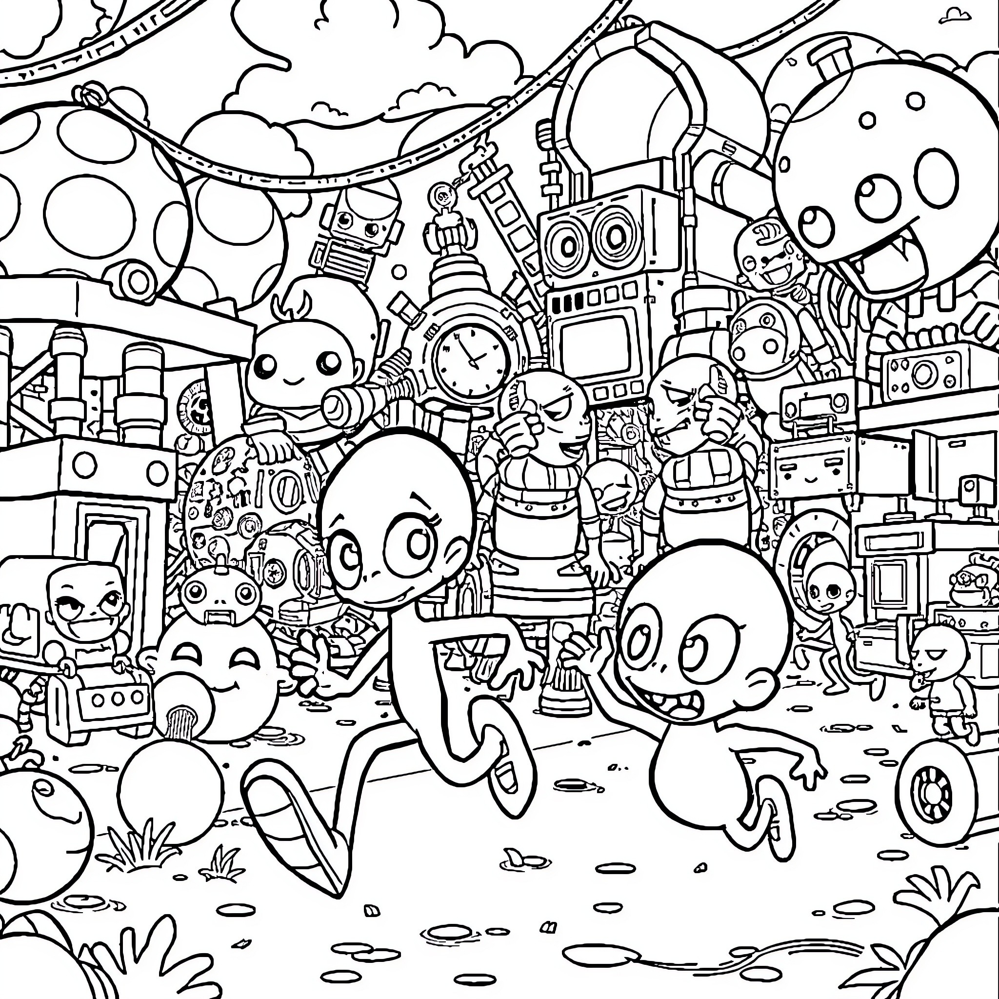 Squid Game Playground with Whimsical Characters and Gadgets Coloring Page (free black-and-white line drawing printable PDF for all, from beginners to advanced learners, including children, teens, adults, and seniors)