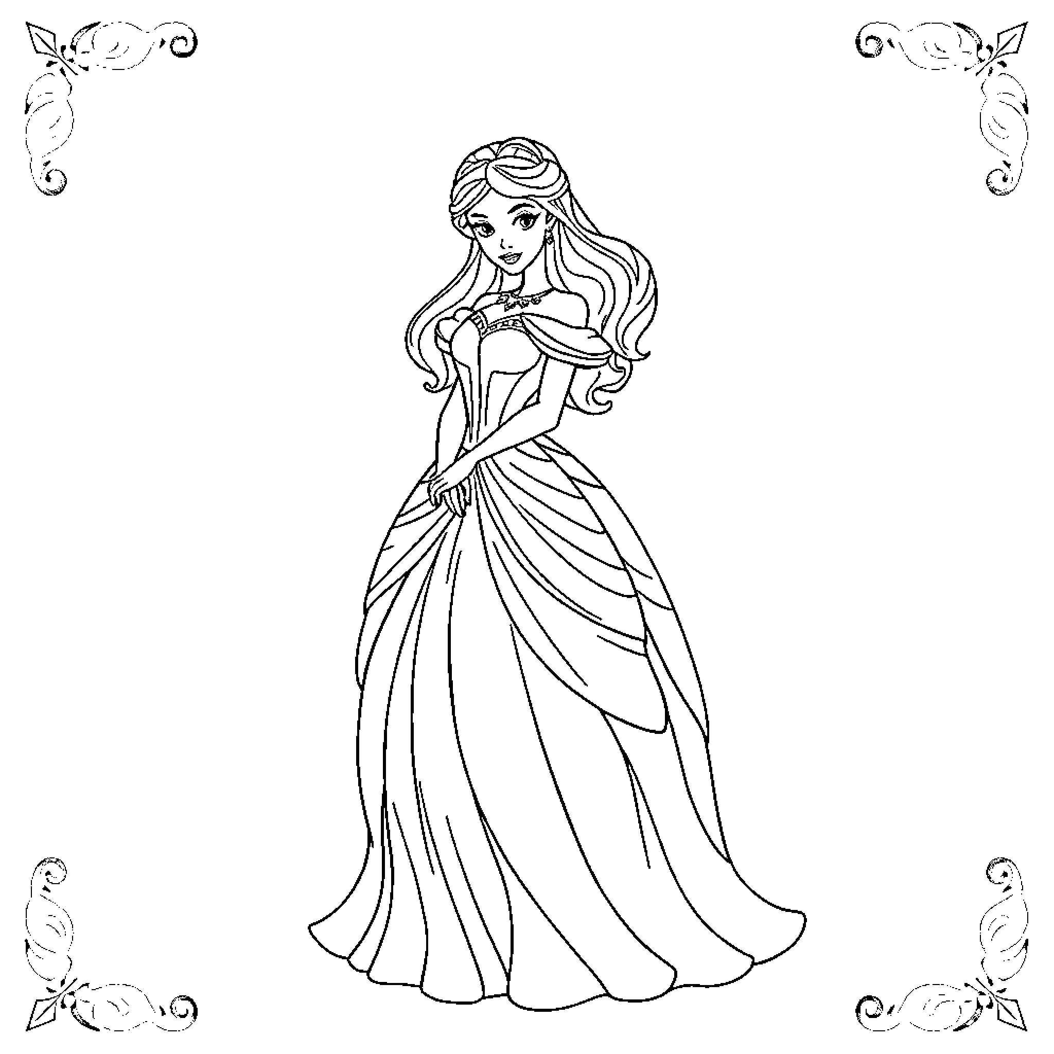 Princess in Elegant Ball Gown Coloring Page (free black-and-white line drawing printable PDF for all, from beginners to advanced learners, including children, teens, adults, and seniors)