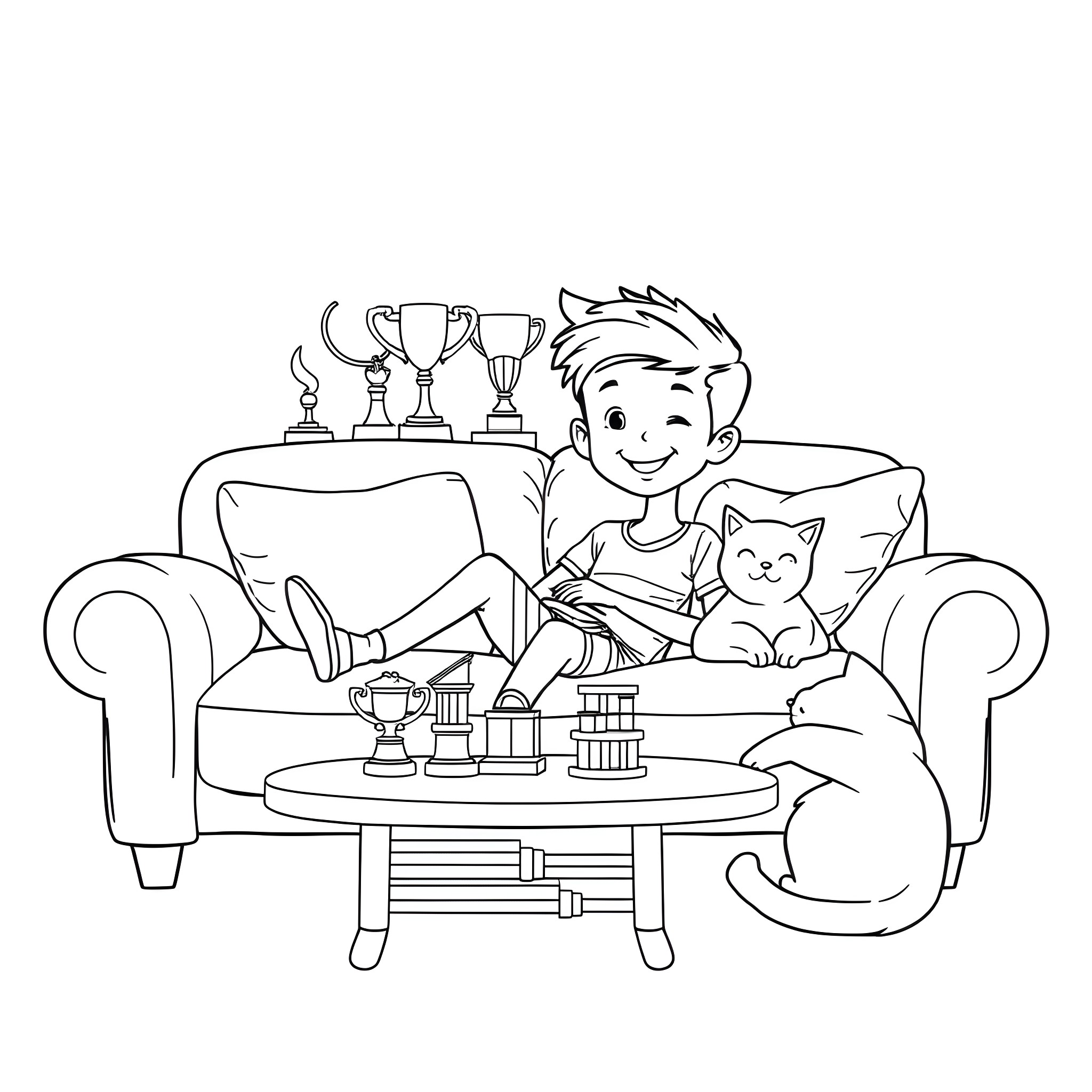 Boy relaxing on the sofa with his cat and trophies Coloring Page (free black-and-white line drawing printable PDF for all, from beginners to advanced learners, including children, teens, adults, and seniors)