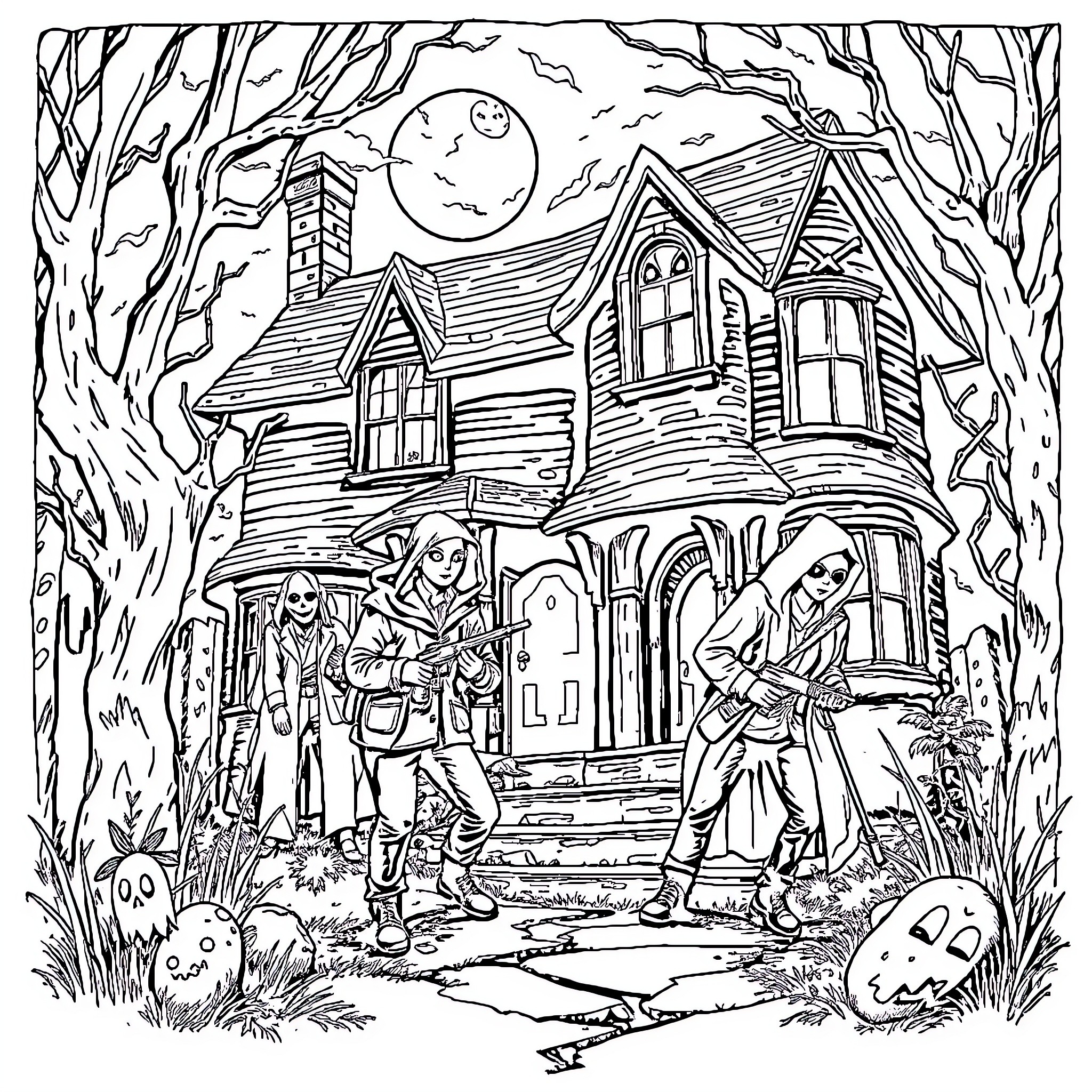 Ghost Hunters Investigating Spooky Haunted House Coloring Page (free black-and-white line drawing printable PDF for all, from beginners to advanced learners, including children, teens, adults, and seniors)