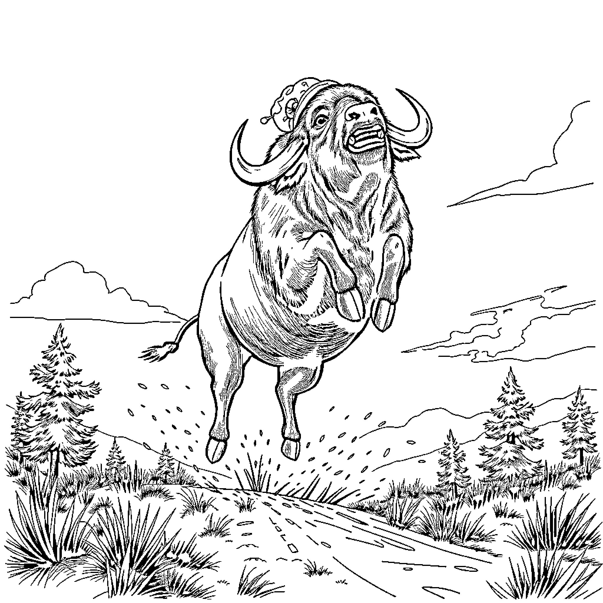 Buffalo charging enthusiastically through the wilderness Coloring Page (free black-and-white line drawing printable PDF for all, from beginners to advanced learners, including children, teens, adults, and seniors)