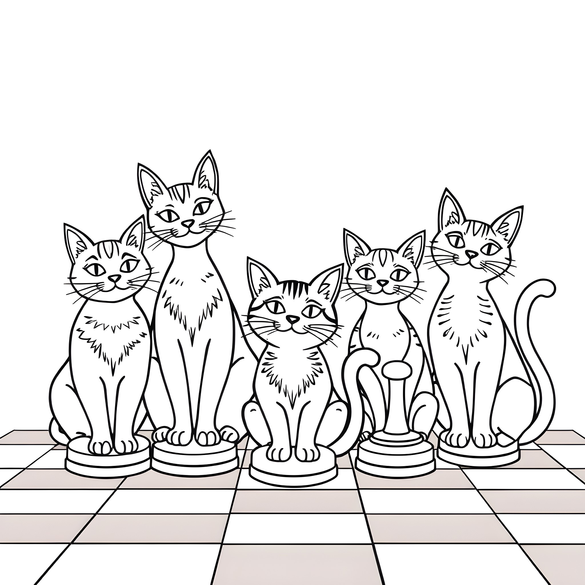 Cat family on a checkered floor Coloring Page (free black-and-white line drawing printable PDF for all, from beginners to advanced learners, including children, teens, adults, and seniors)