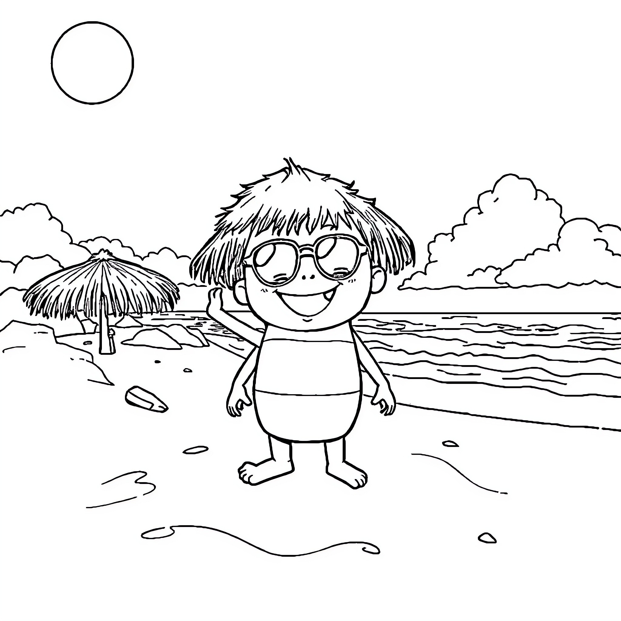 Labubu enjoying the sunny beach Coloring Page (free black-and-white line drawing printable PDF for all, from beginners to advanced learners, including children, teens, adults, and seniors)