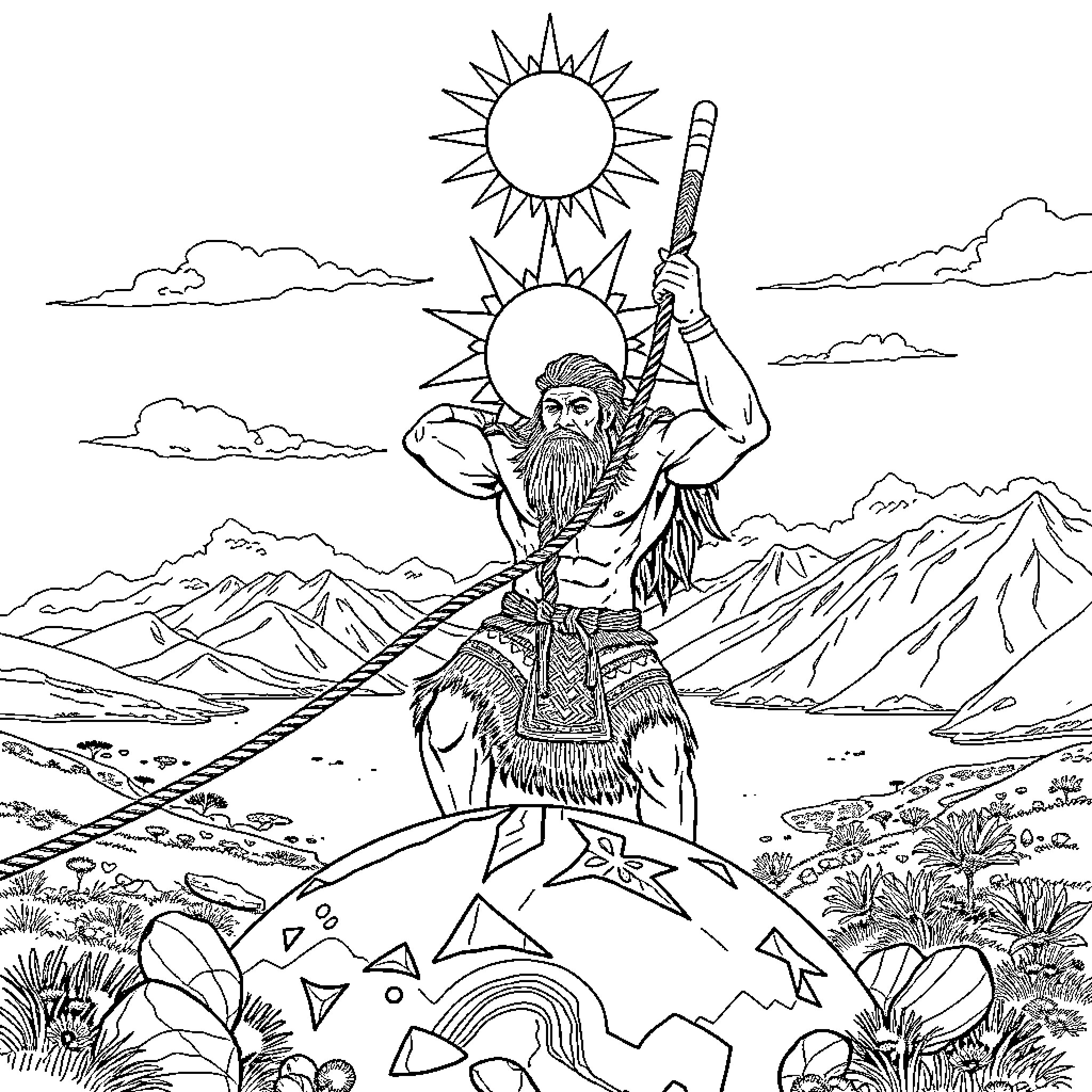 Maori Warrior Standing Tall in Mountainous Landscape Coloring Page (free black-and-white line drawing printable PDF for all, from beginners to advanced learners, including children, teens, adults, and seniors)