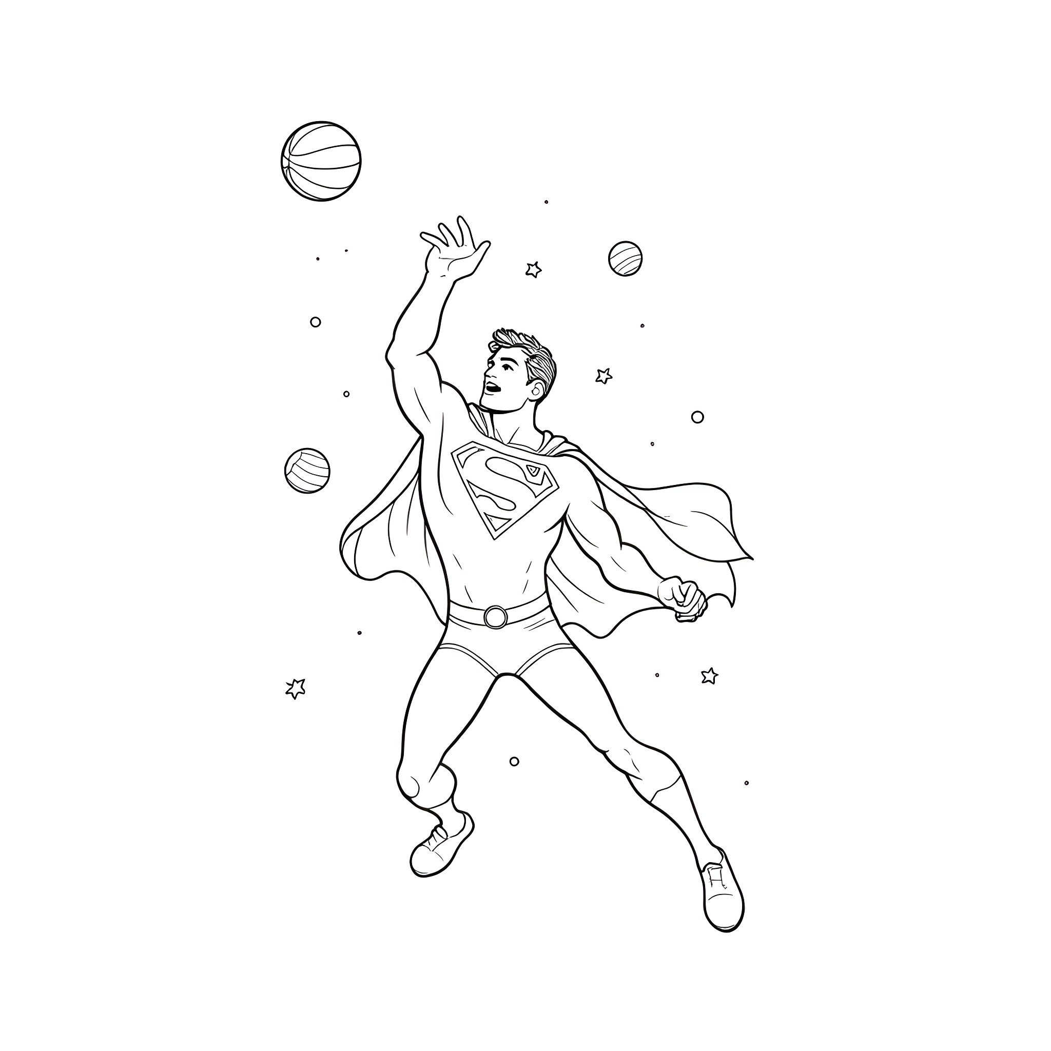 Superman Soaring with Basketballs in Flight Coloring Page (free black-and-white line drawing printable PDF for all, from beginners to advanced learners, including children, teens, adults, and seniors)
