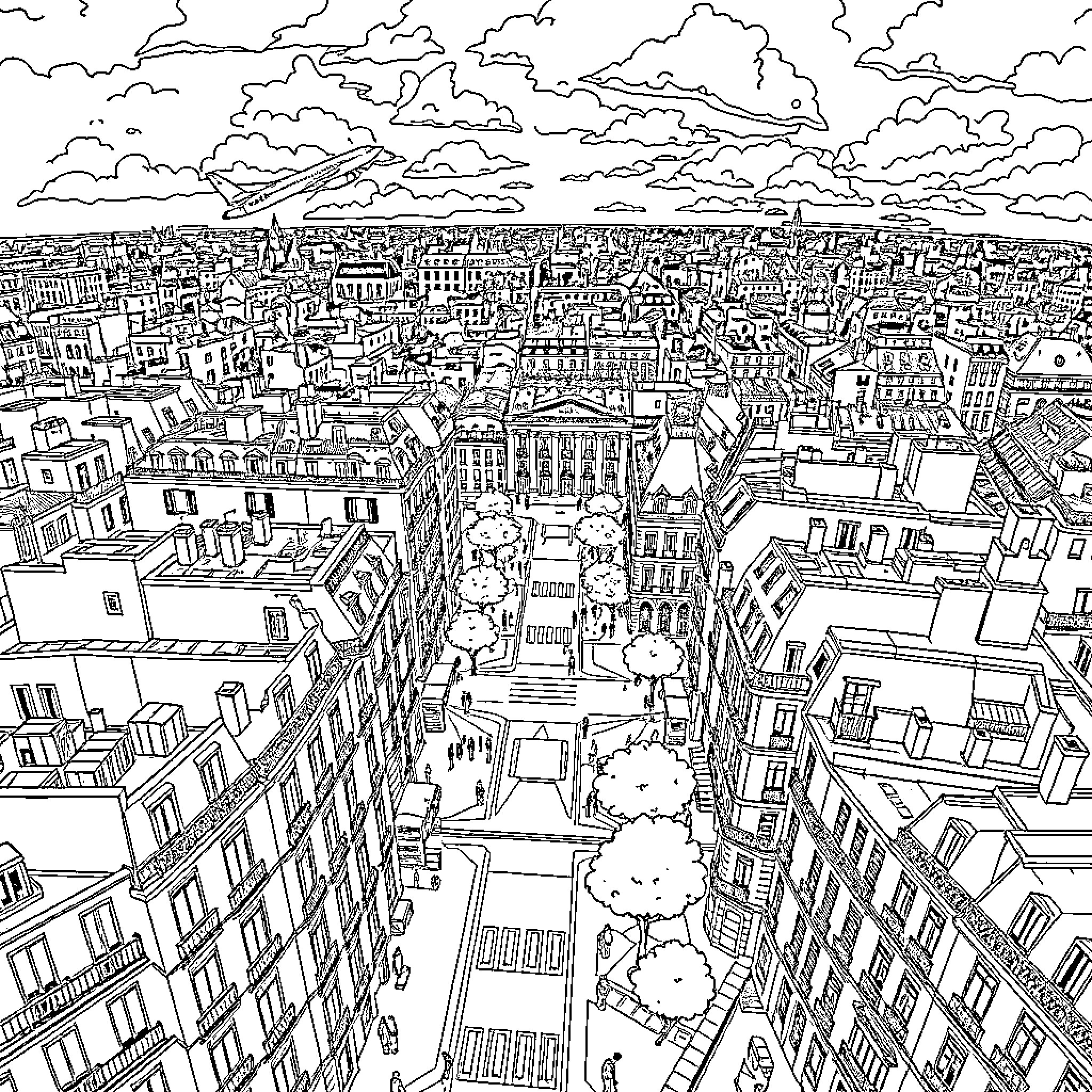 City Landscape with Cityscape and Architectural Details Coloring Page (free black-and-white line drawing printable PDF for all, from beginners to advanced learners, including children, teens, adults, and seniors)