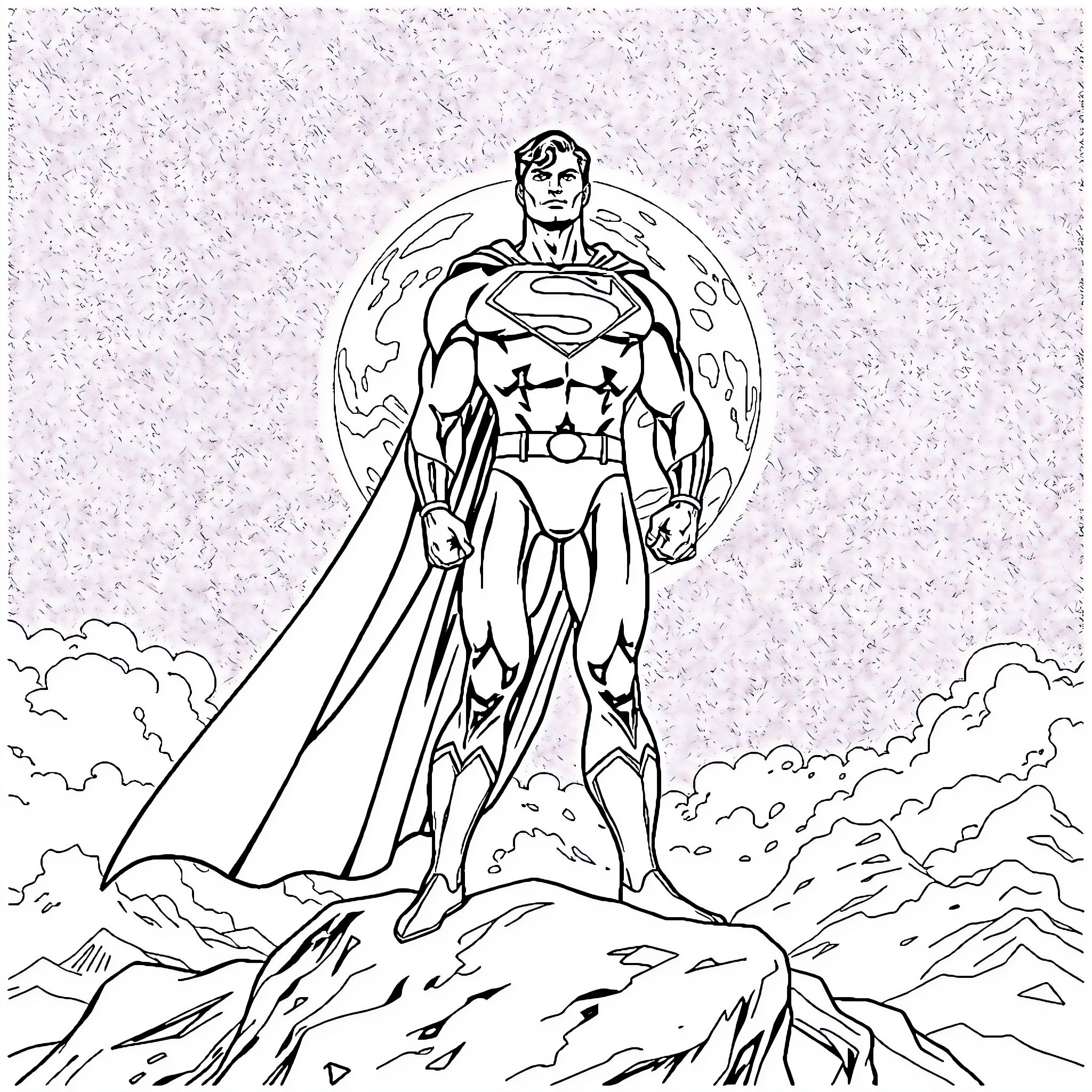 Superman standing heroically on a rocky cliff Coloring Page (free black-and-white line drawing printable PDF for all, from beginners to advanced learners, including children, teens, adults, and seniors)