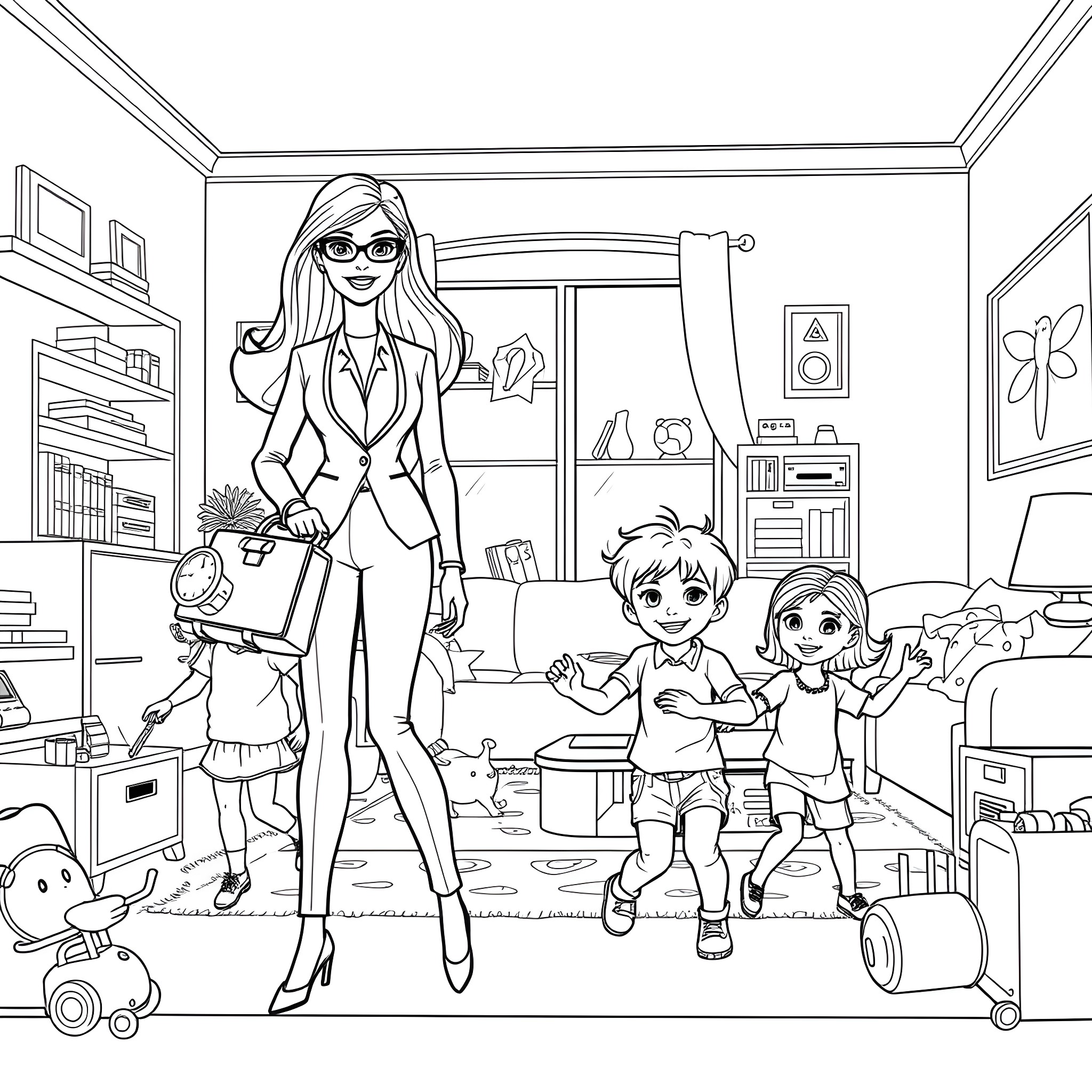 Barbie playing with children in a messy room Coloring Page (free black-and-white line drawing printable PDF for all, from beginners to advanced learners, including children, teens, adults, and seniors)