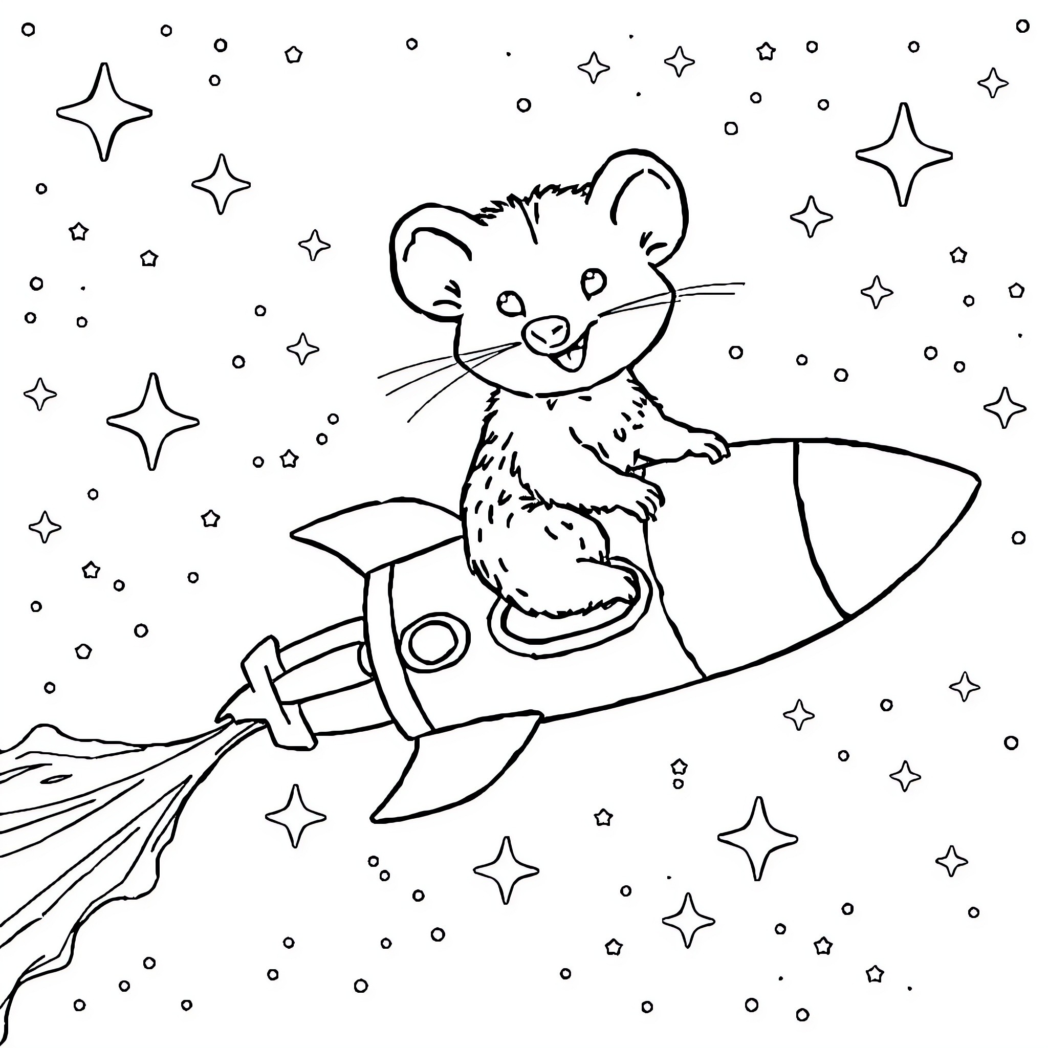 Possum riding a rocket through the starry sky Coloring Page (free black-and-white line drawing printable PDF for all, from beginners to advanced learners, including children, teens, adults, and seniors)