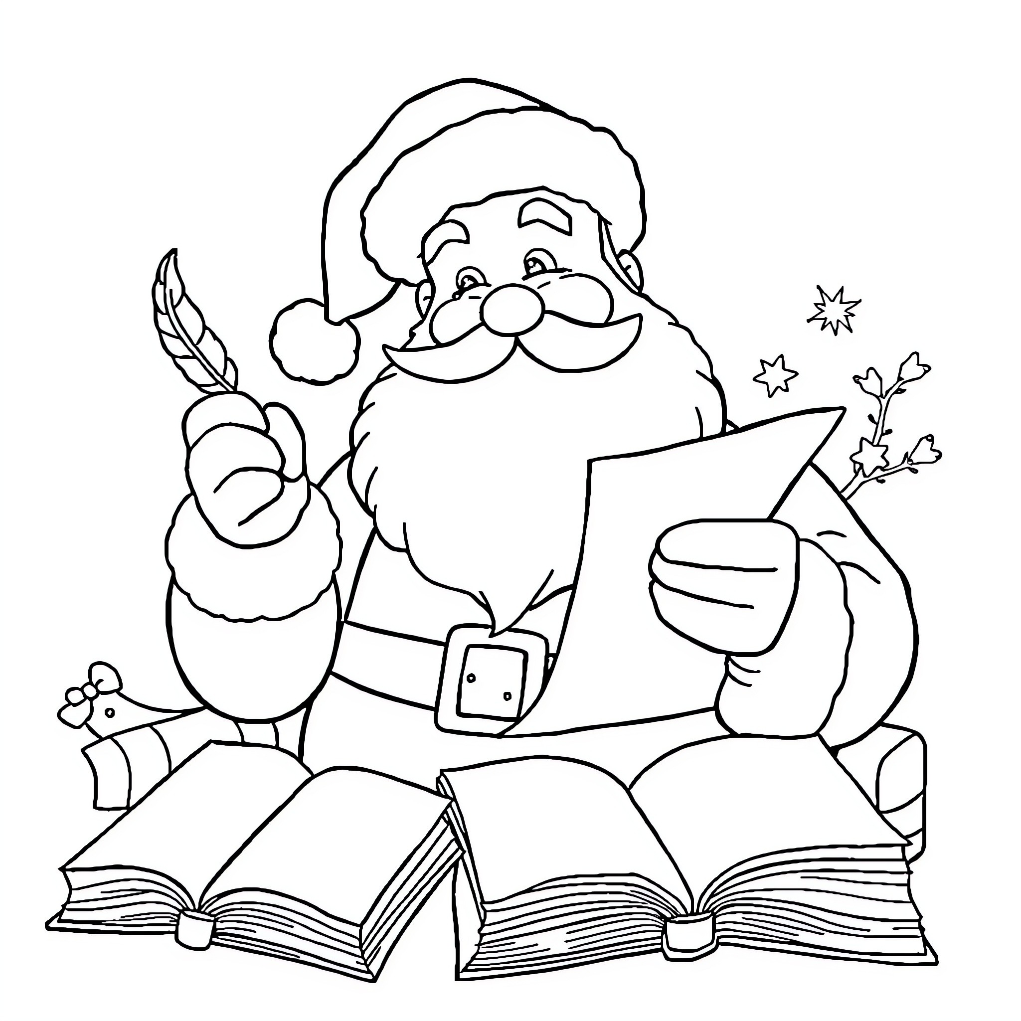 Santa Reading Book and Holding Quill Coloring Page (free black-and-white line drawing printable PDF for all, from beginners to advanced learners, including children, teens, adults, and seniors)