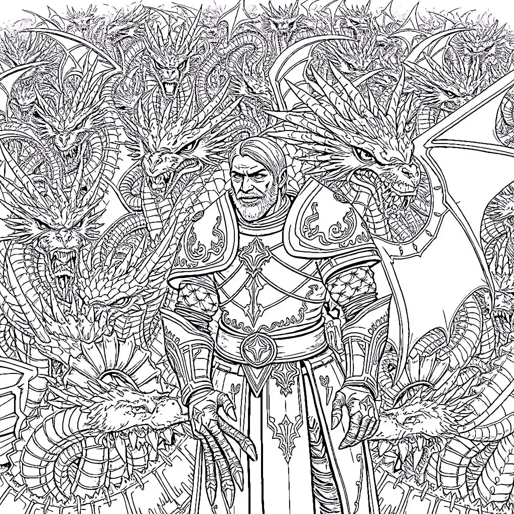 Dragon warriors in a fantastical realm Coloring Page (free black-and-white line drawing printable PDF for all, from beginners to advanced learners, including children, teens, adults, and seniors)