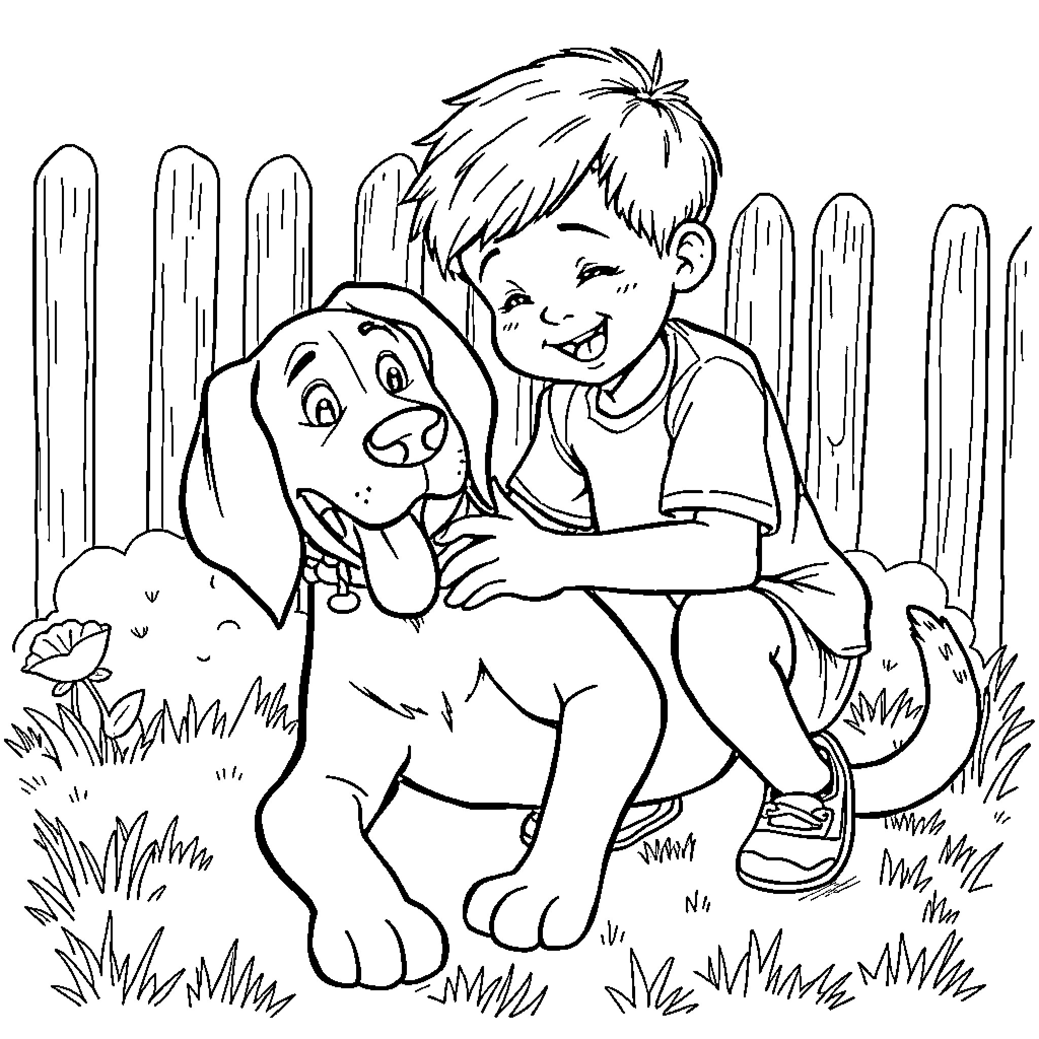 Hound enjoys playtime with young child Coloring Page (free black-and-white line drawing printable PDF for all, from beginners to advanced learners, including children, teens, adults, and seniors)