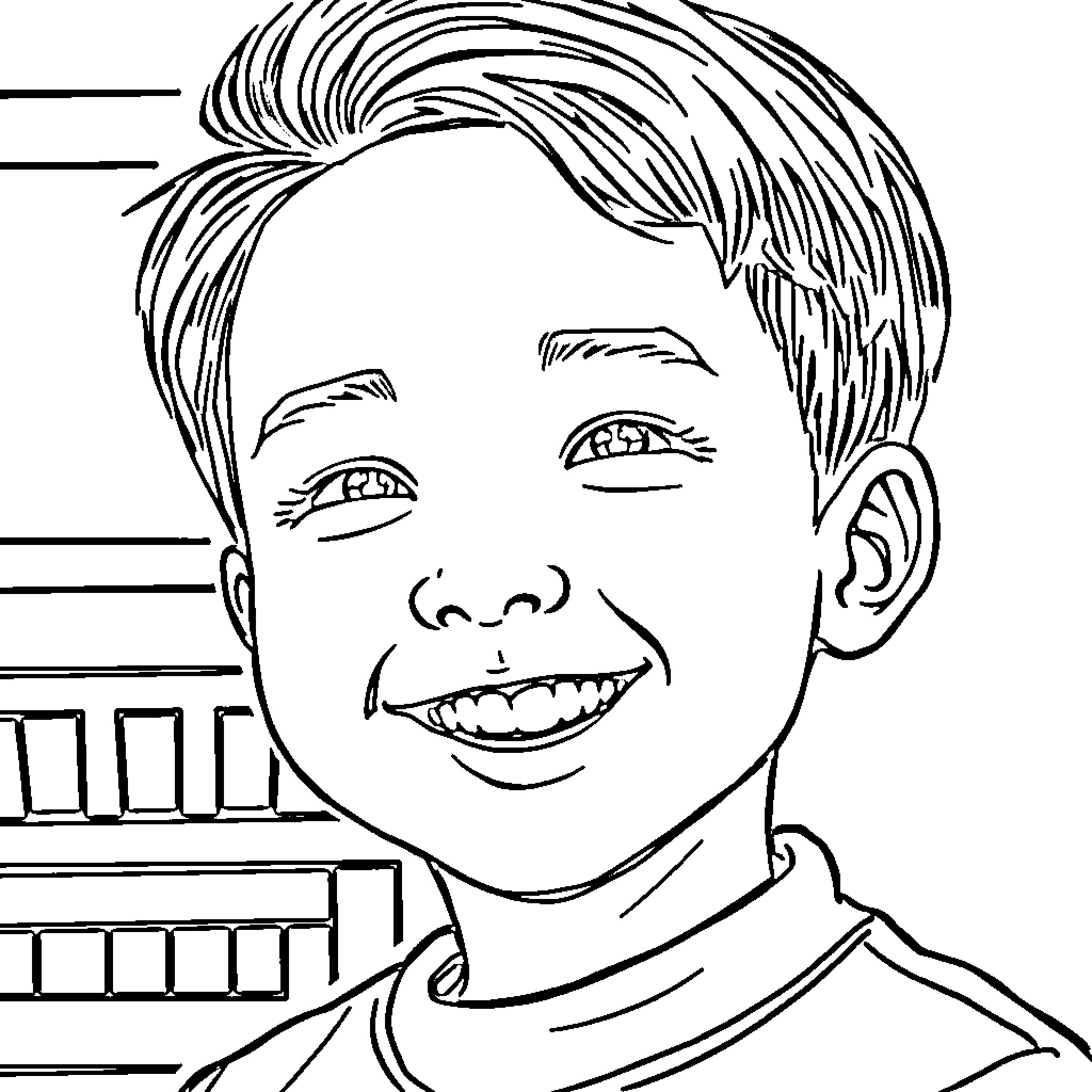 Boy smiling with joy at camera Coloring Page (free black-and-white line drawing printable PDF for all, from beginners to advanced learners, including children, teens, adults, and seniors)