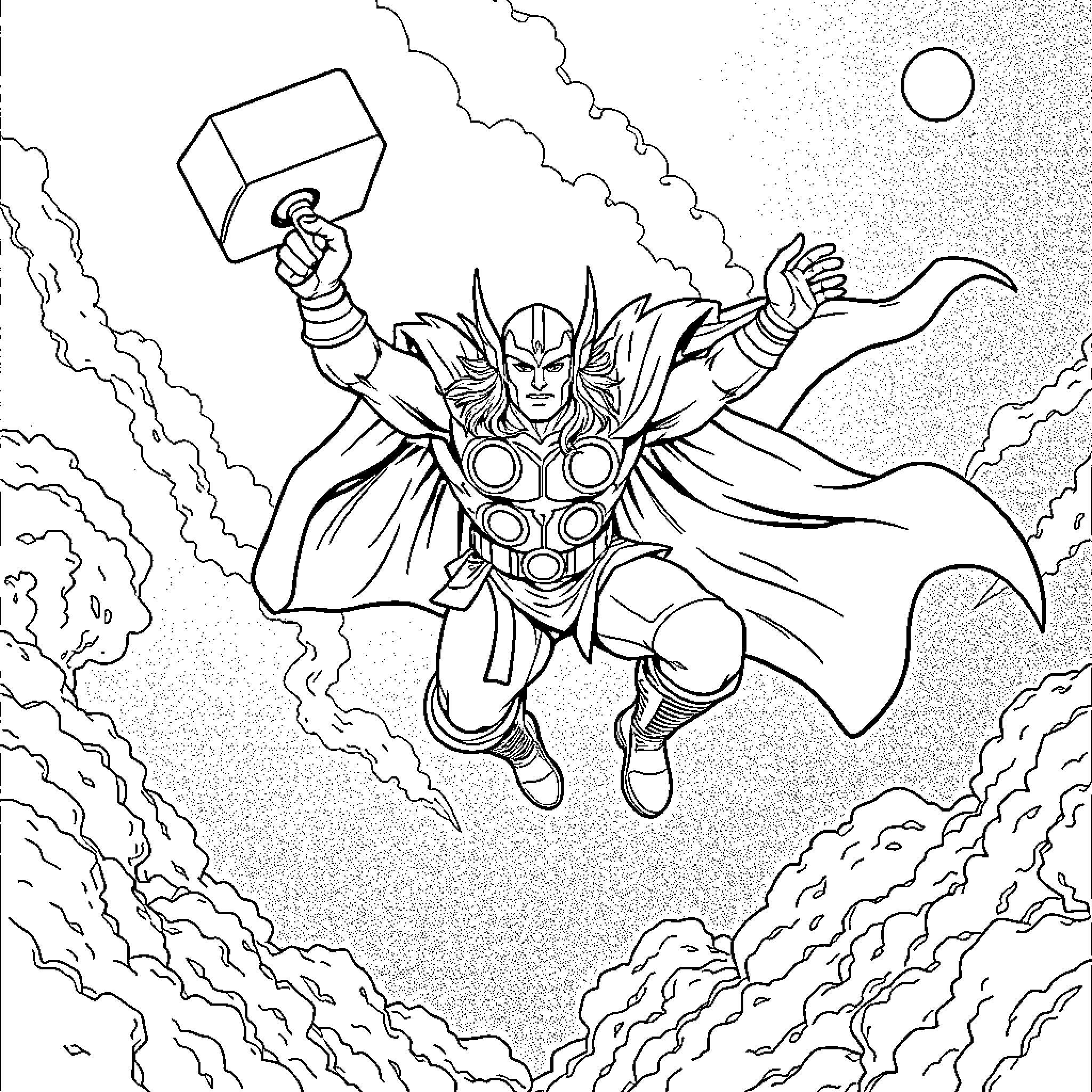 Thor wielding his mighty hammer in the stormy skies Coloring Page (free black-and-white line drawing printable PDF for all, from beginners to advanced learners, including children, teens, adults, and seniors)