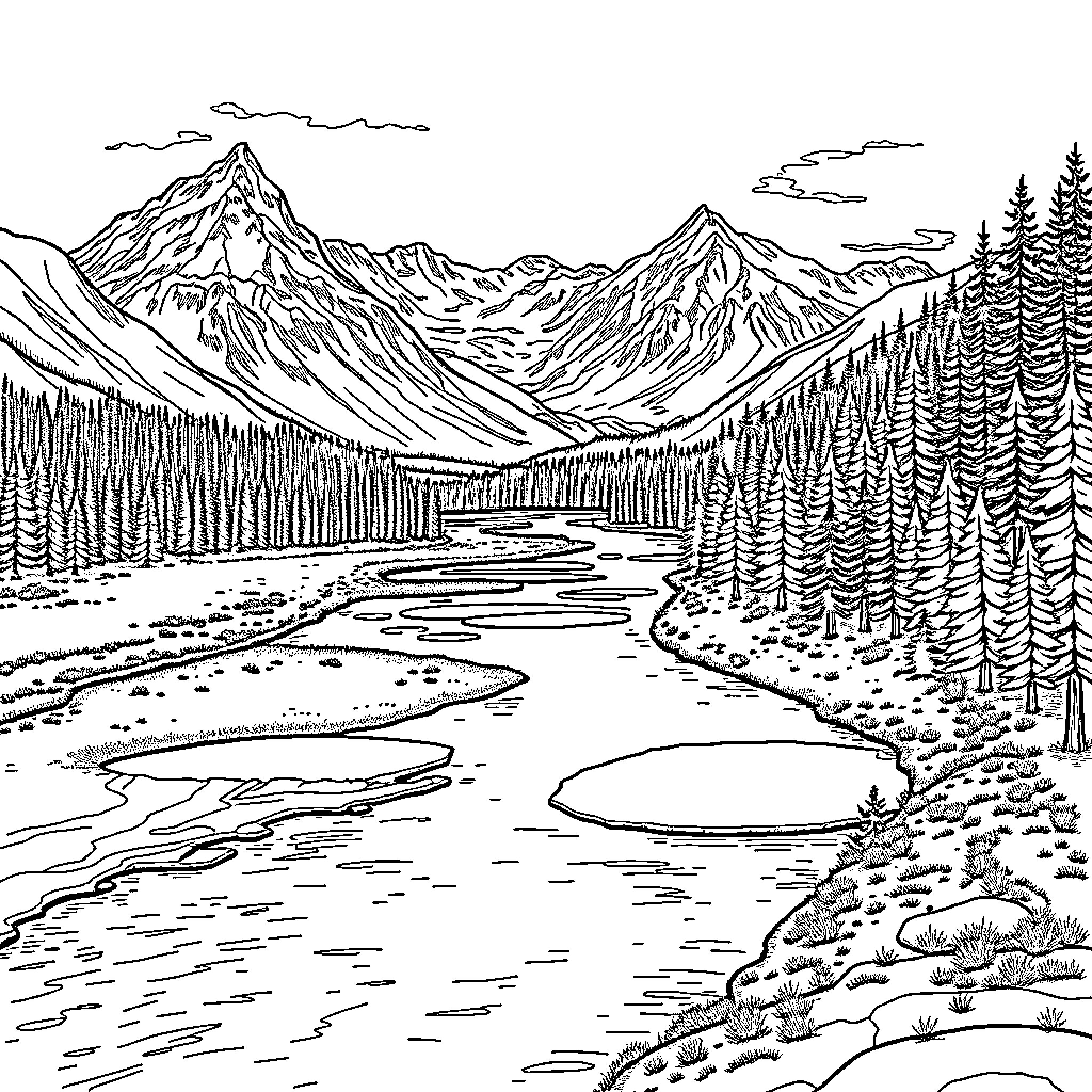River flowing through serene mountain landscape Coloring Page (free black-and-white line drawing printable PDF for all, from beginners to advanced learners, including children, teens, adults, and seniors)