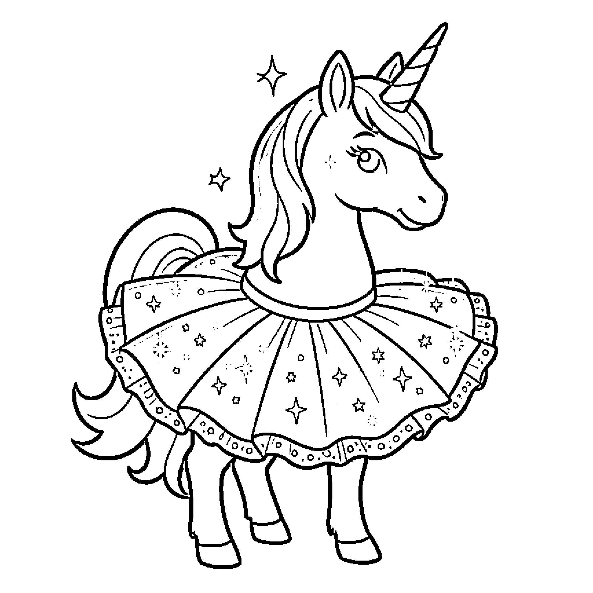Unicorn wearing a fancy dress with stars Coloring Page (free black-and-white line drawing printable PDF for all, from beginners to advanced learners, including children, teens, adults, and seniors)