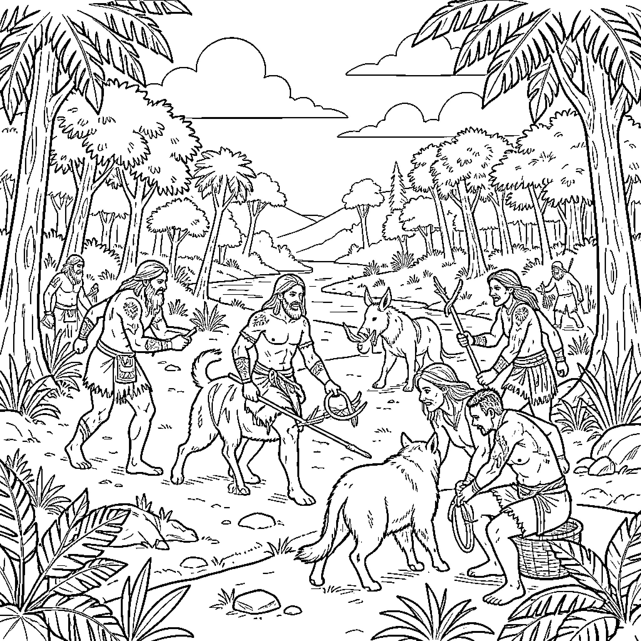 Prehistory humans interacting with various animals in nature Coloring Page (free black-and-white line drawing printable PDF for all, from beginners to advanced learners, including children, teens, adults, and seniors)