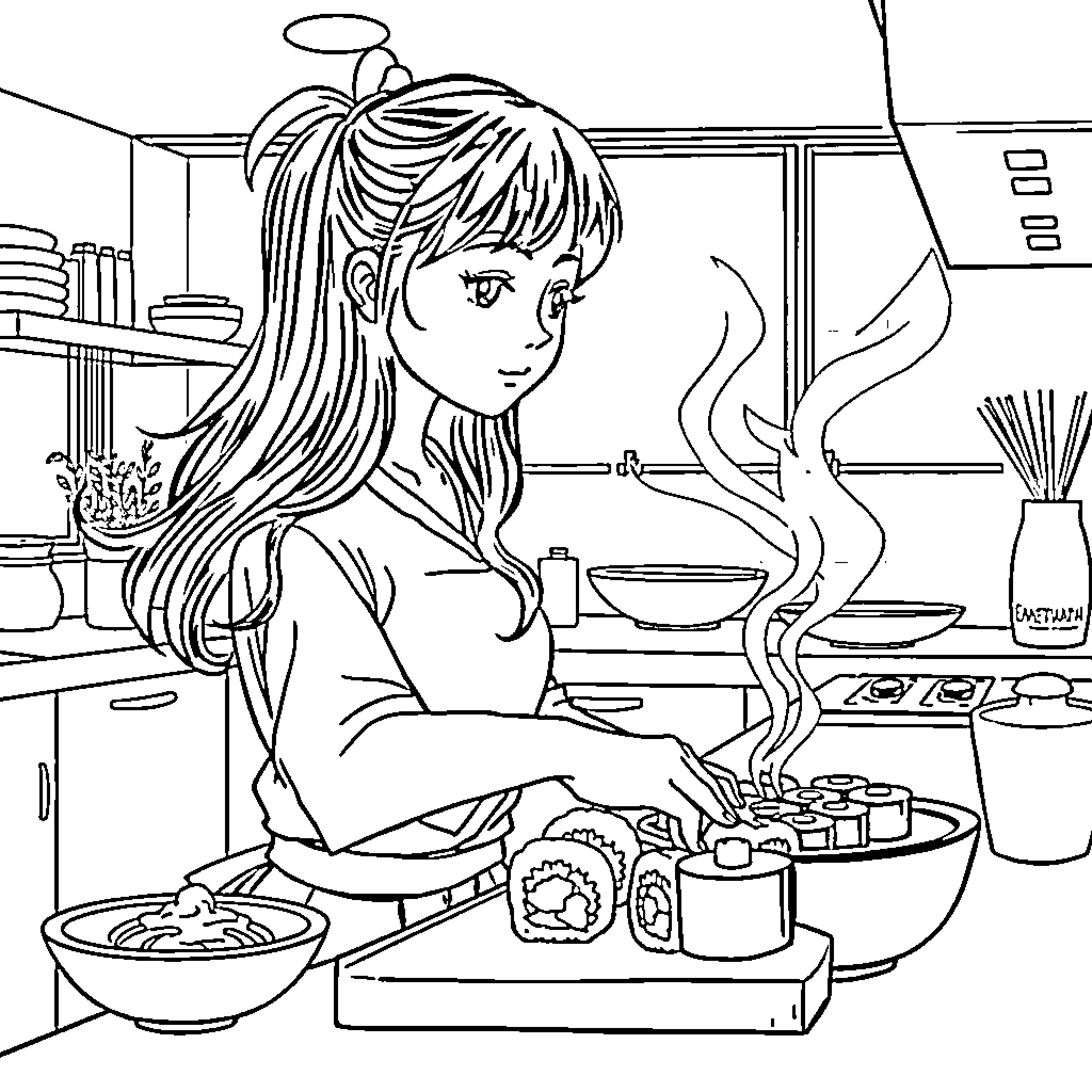 Girl preparing food in the kitchen Coloring Page (free black-and-white line drawing printable PDF for all, from beginners to advanced learners, including children, teens, adults, and seniors)