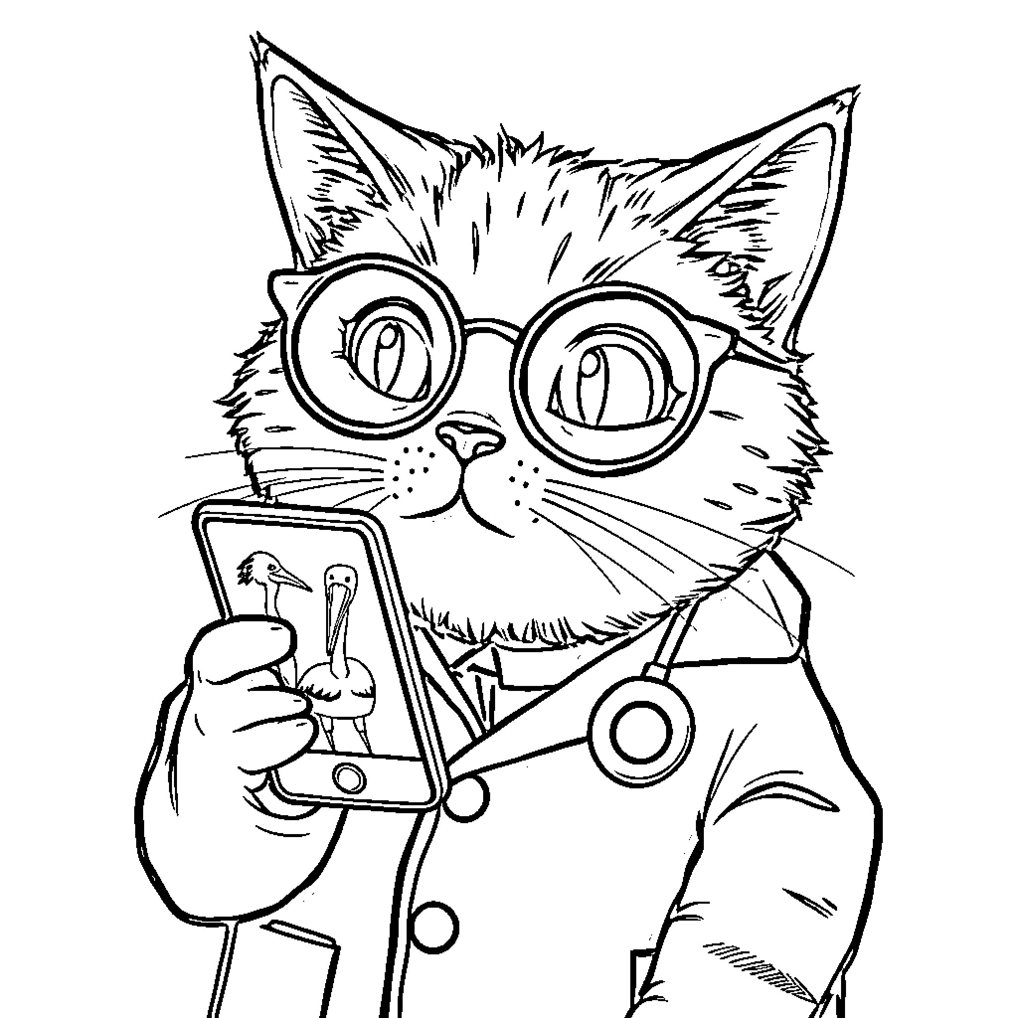 Cat Doctor Examining Patient on Smartphone Coloring Page (free black-and-white line drawing printable PDF for all, from beginners to advanced learners, including children, teens, adults, and seniors)
