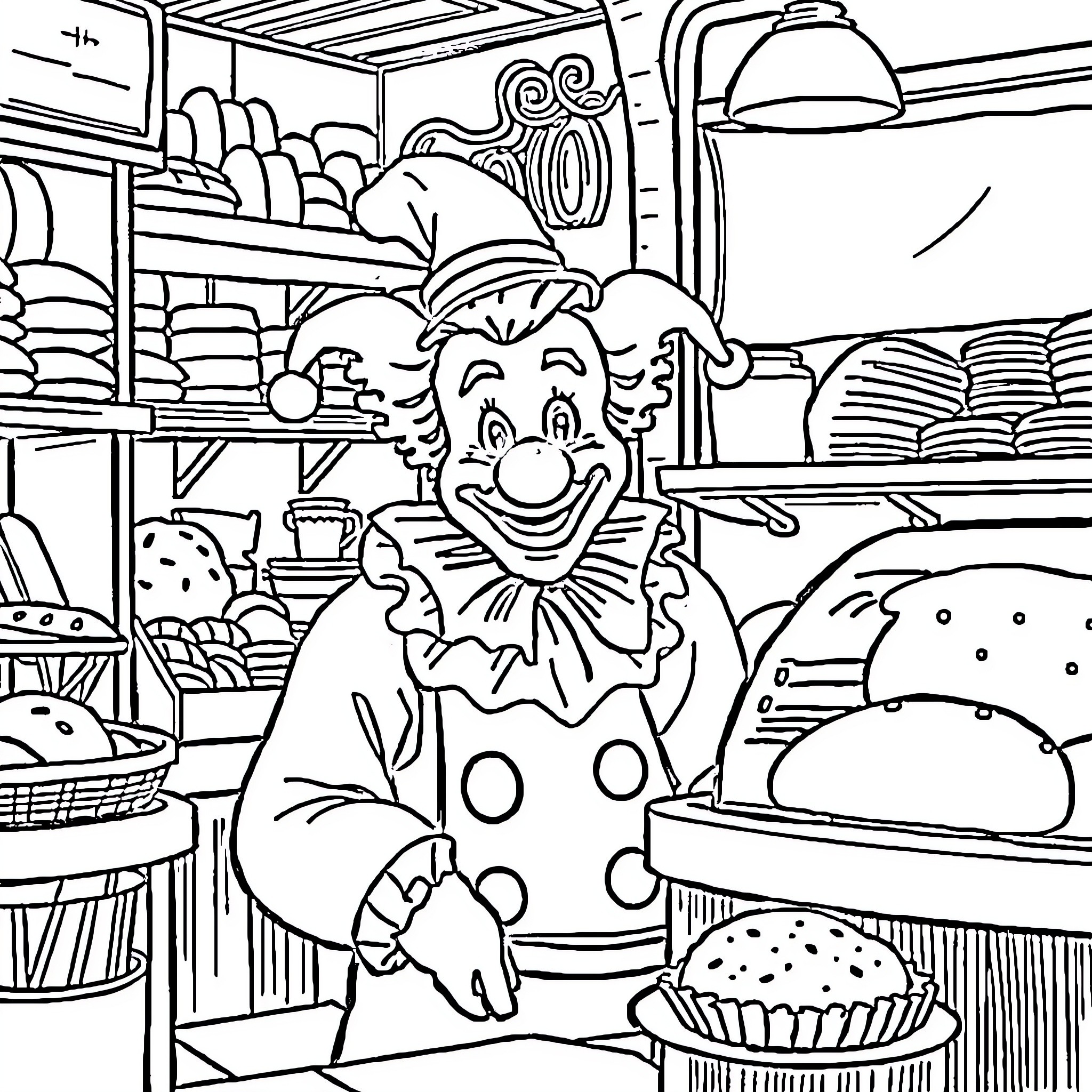Clown working joyfully in bakery Coloring Page (free black-and-white line drawing printable PDF for all, from beginners to advanced learners, including children, teens, adults, and seniors)