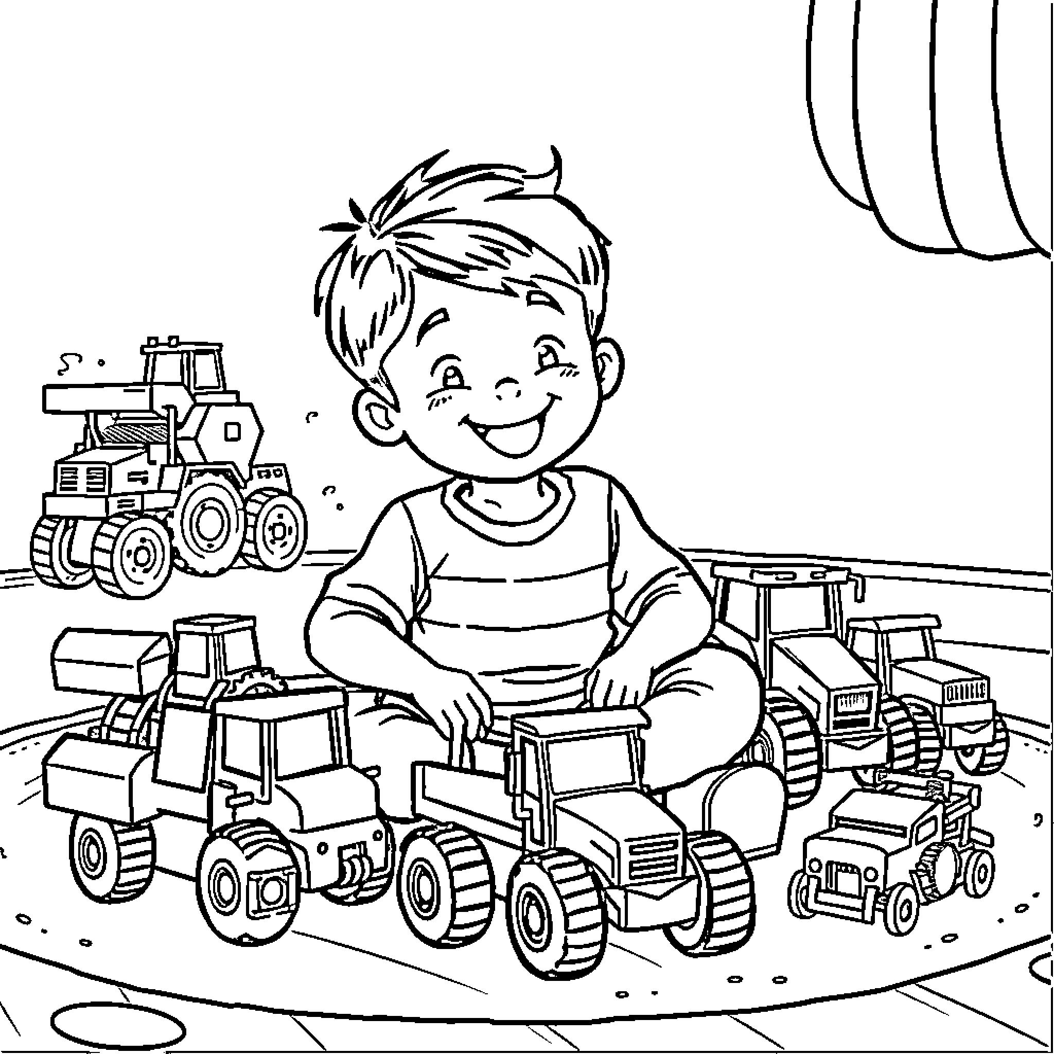 Boy playing joyfully with toy construction vehicles Coloring Page (free black-and-white line drawing printable PDF for all, from beginners to advanced learners, including children, teens, adults, and seniors)