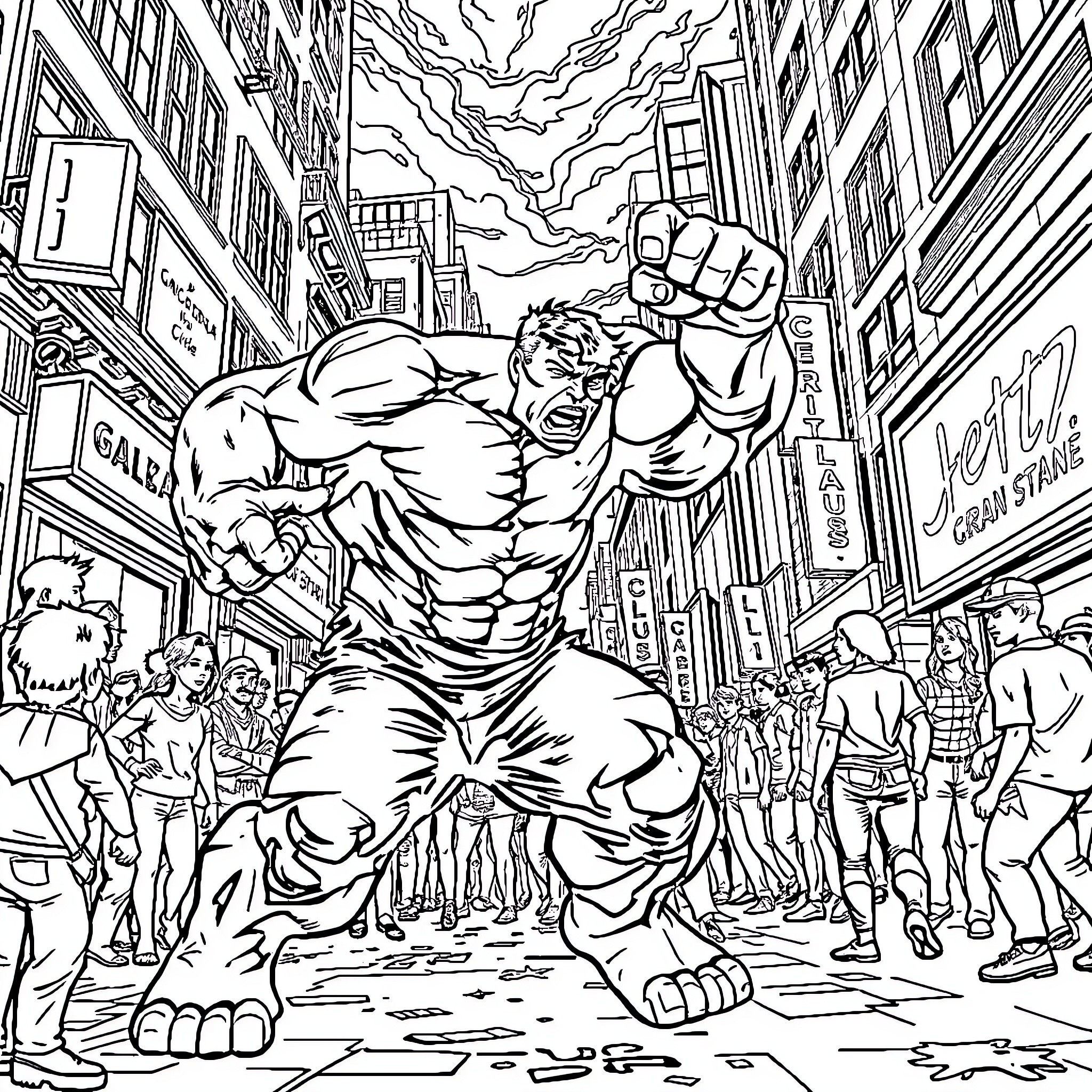 Hulk Rampaging Through City Streets Coloring Page (free black-and-white line drawing printable PDF for all, from beginners to advanced learners, including children, teens, adults, and seniors)