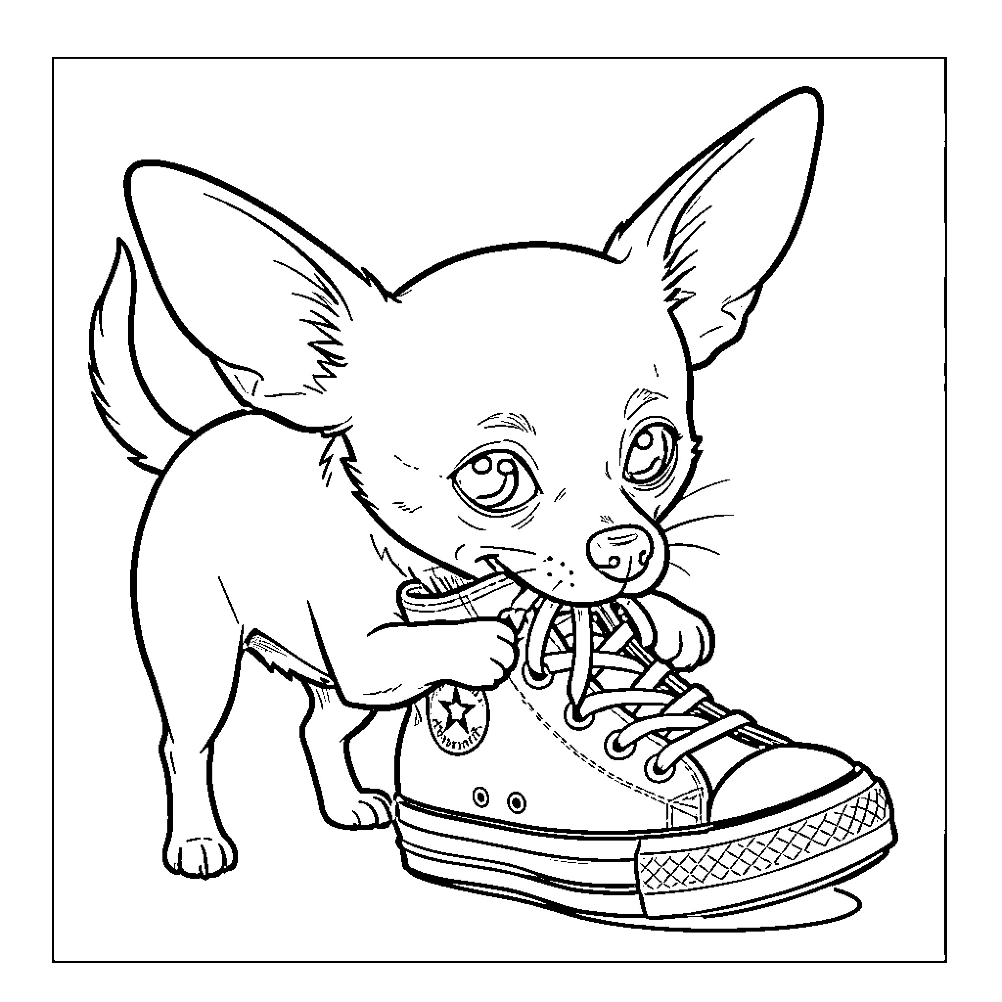 Chihuahua chewing on a small sneaker Coloring Page (free black-and-white line drawing printable PDF for all, from beginners to advanced learners, including children, teens, adults, and seniors)