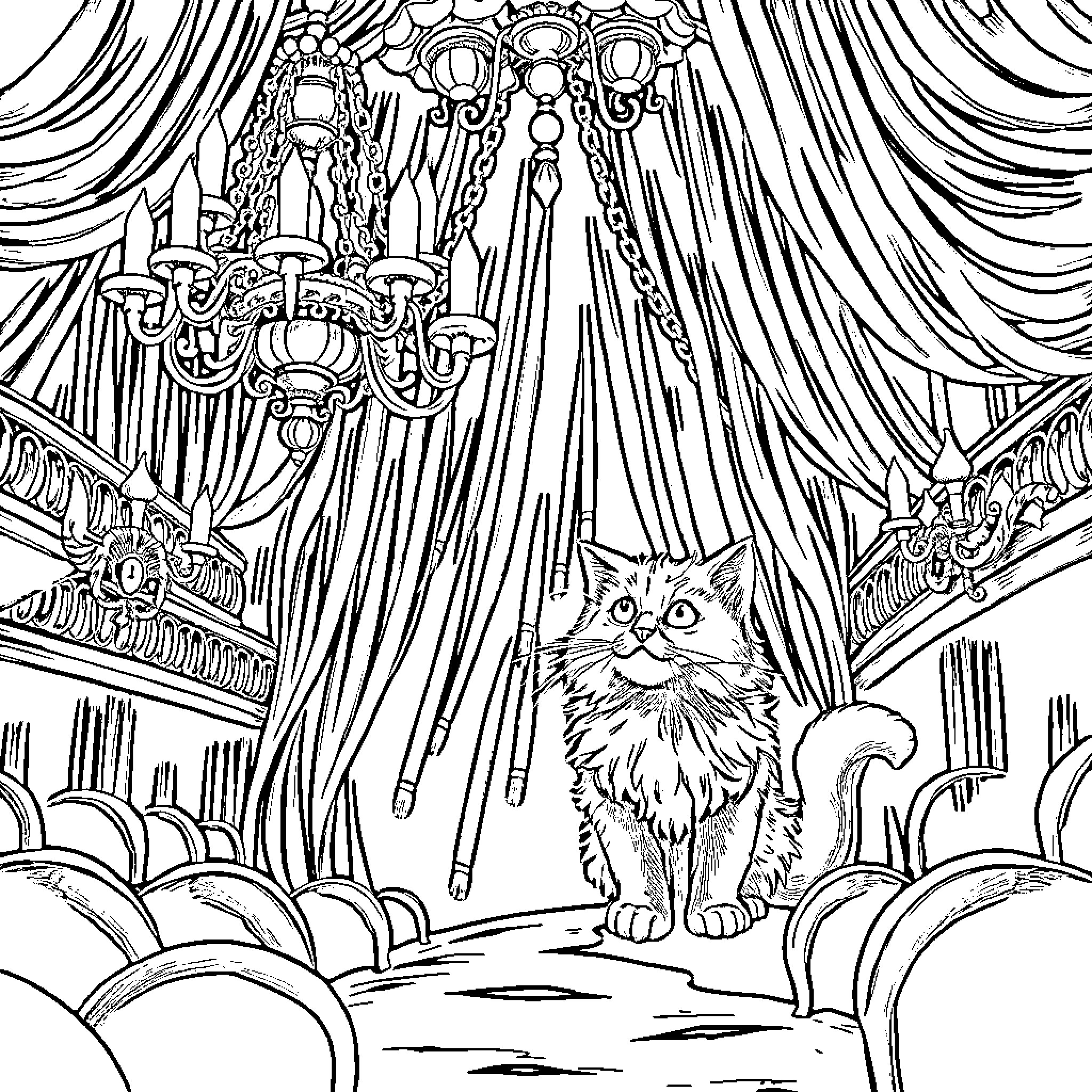 Cat amid elaborate stage curtains and chandelier Coloring Page (free black-and-white line drawing printable PDF for all, from beginners to advanced learners, including children, teens, adults, and seniors)