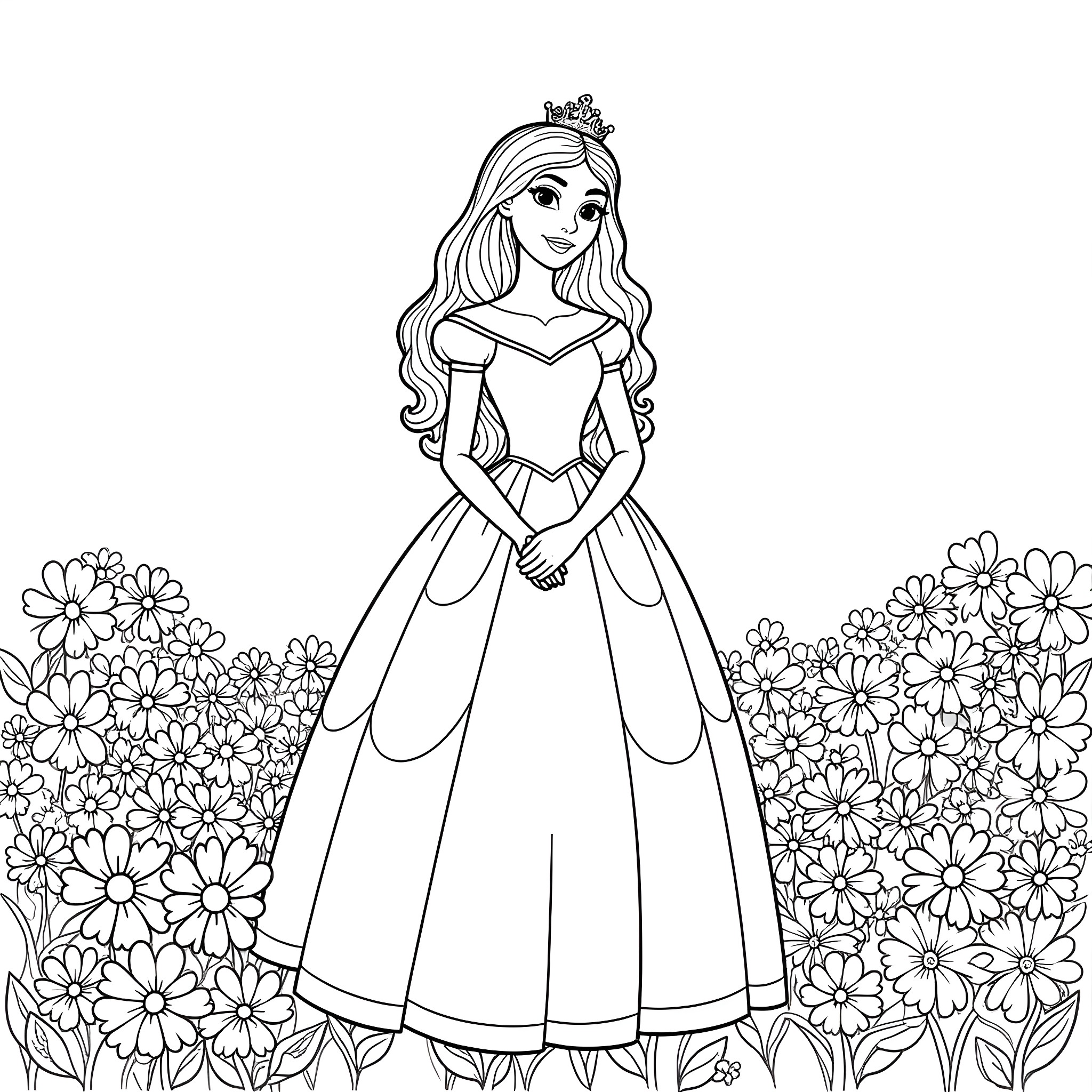 Princess in a Flower Garden Coloring Page (free black-and-white line drawing printable PDF for all, from beginners to advanced learners, including children, teens, adults, and seniors)
