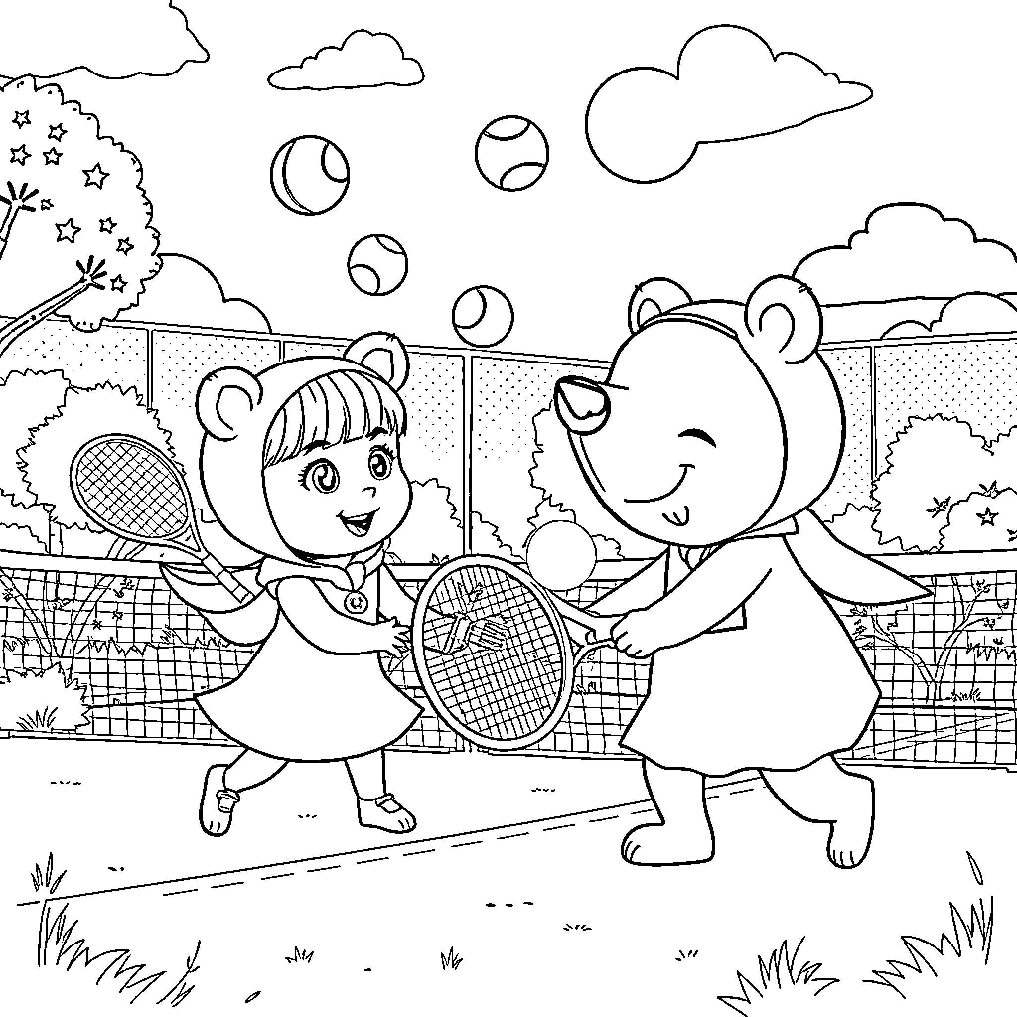 Masha and Bear Playing Tennis Together Coloring Page (free black-and-white line drawing printable PDF for all, from beginners to advanced learners, including children, teens, adults, and seniors)