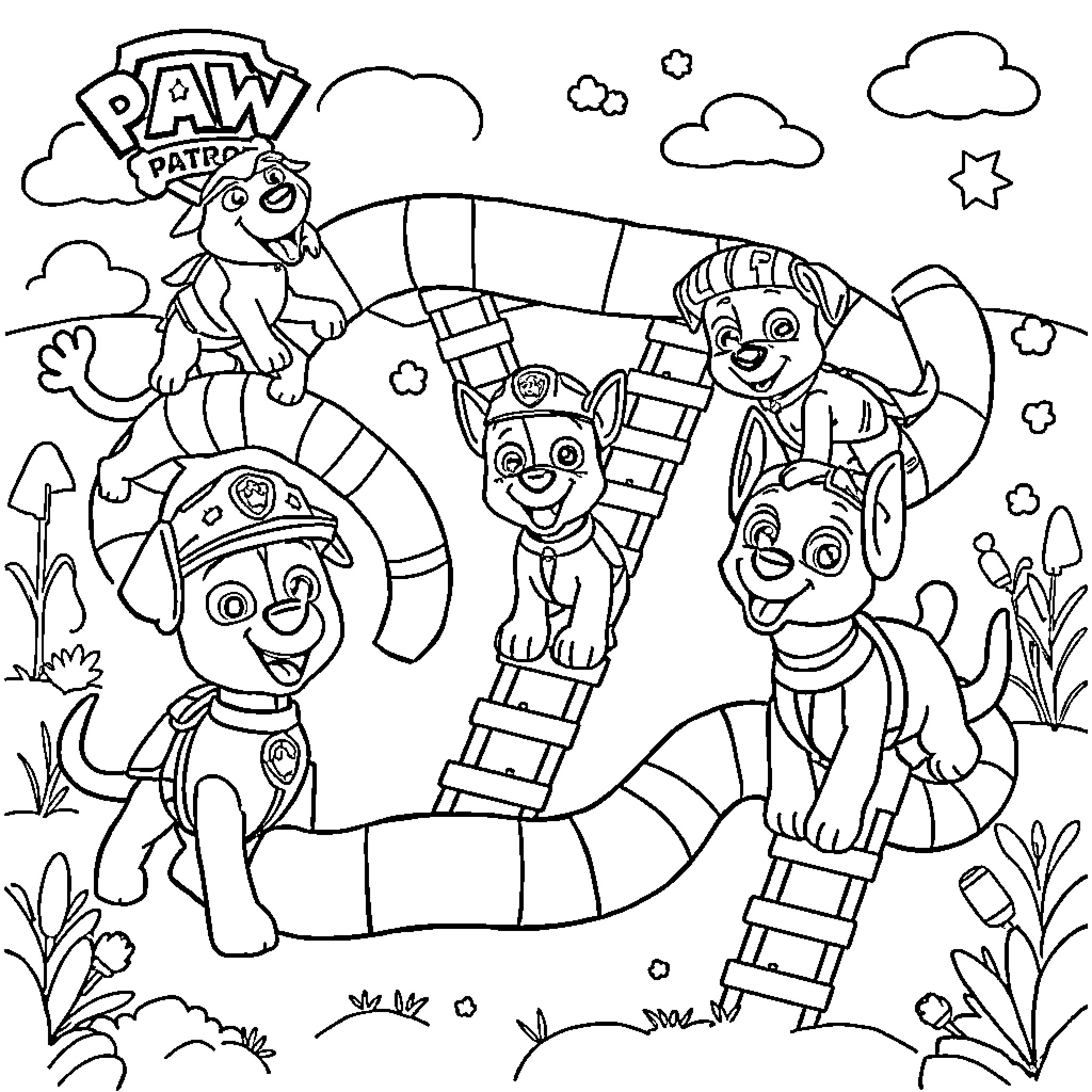 Paw Patrol Pups Climbing Ladders and Exploring Nature Coloring Page (free black-and-white line drawing printable PDF for all, from beginners to advanced learners, including children, teens, adults, and seniors)