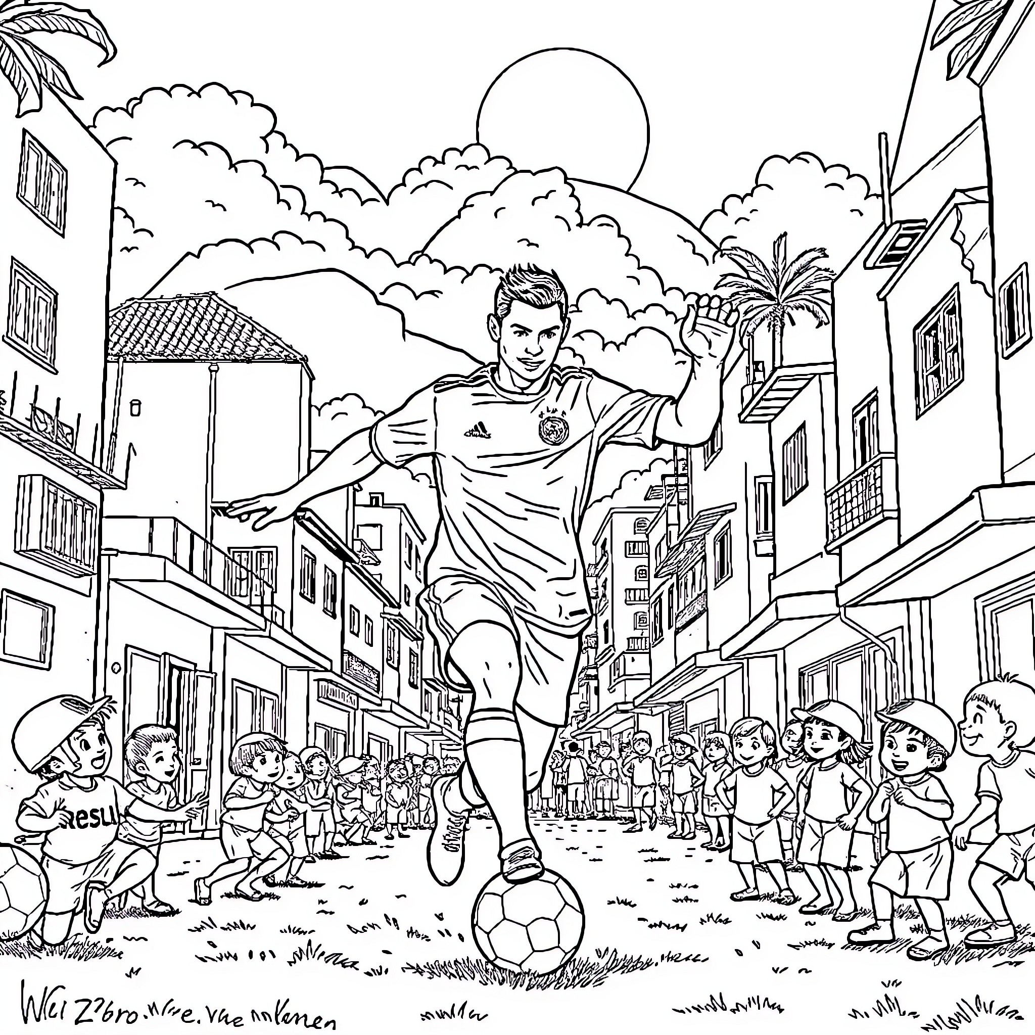 Cristiano Ronaldo Entertaining Fans on the Street Coloring Page (free black-and-white line drawing printable PDF for all, from beginners to advanced learners, including children, teens, adults, and seniors)