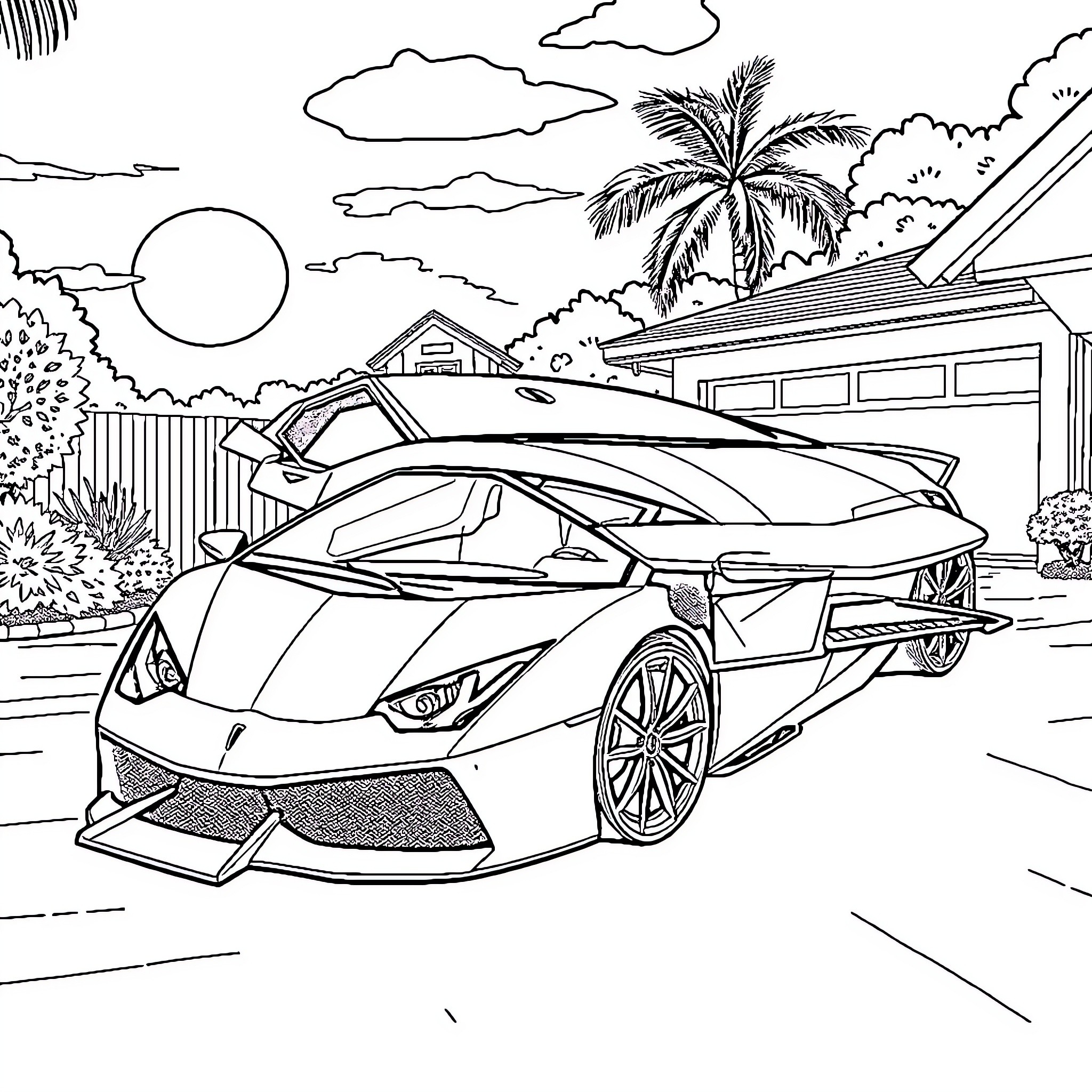 Lamborghini sports car in tropical landscape Coloring Page (free black-and-white line drawing printable PDF for all, from beginners to advanced learners, including children, teens, adults, and seniors)