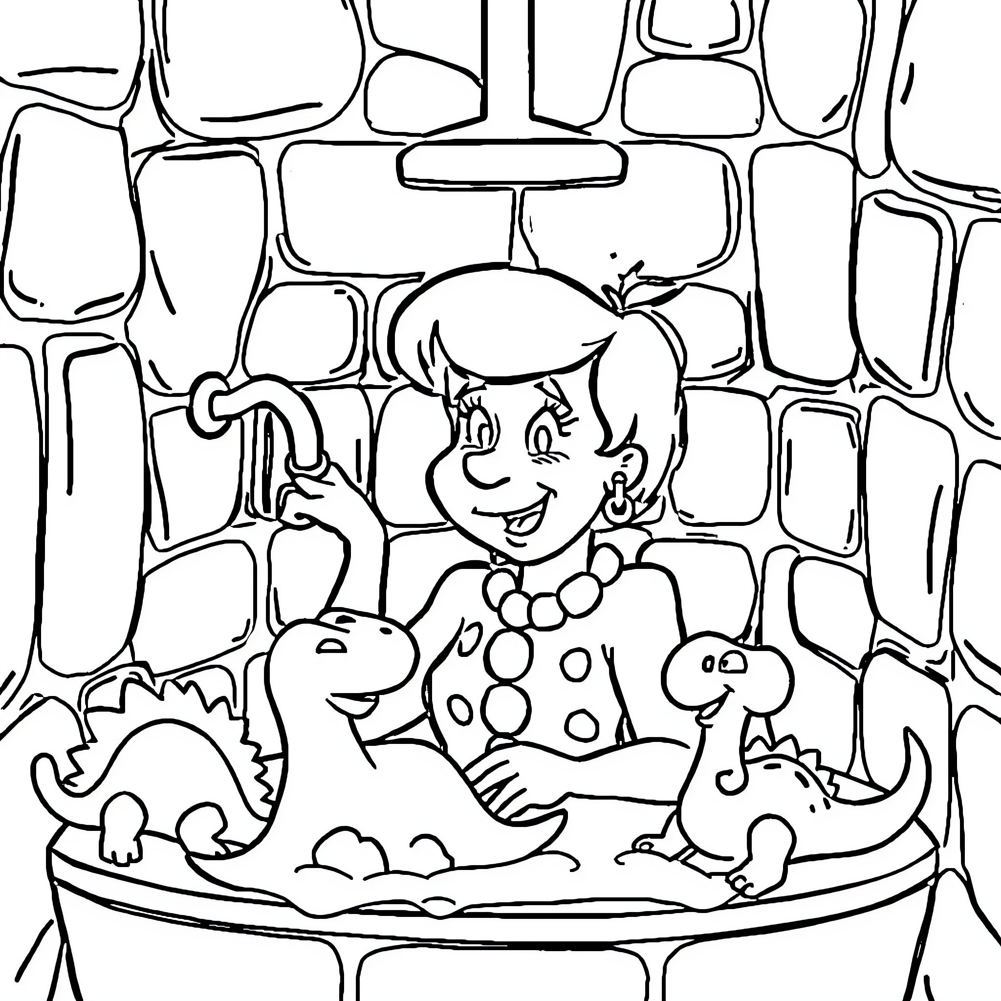 Wilma Flintstone Enjoying Prehistoric Playtime with Pets Coloring Page (free black-and-white line drawing printable PDF for all, from beginners to advanced learners, including children, teens, adults, and seniors)