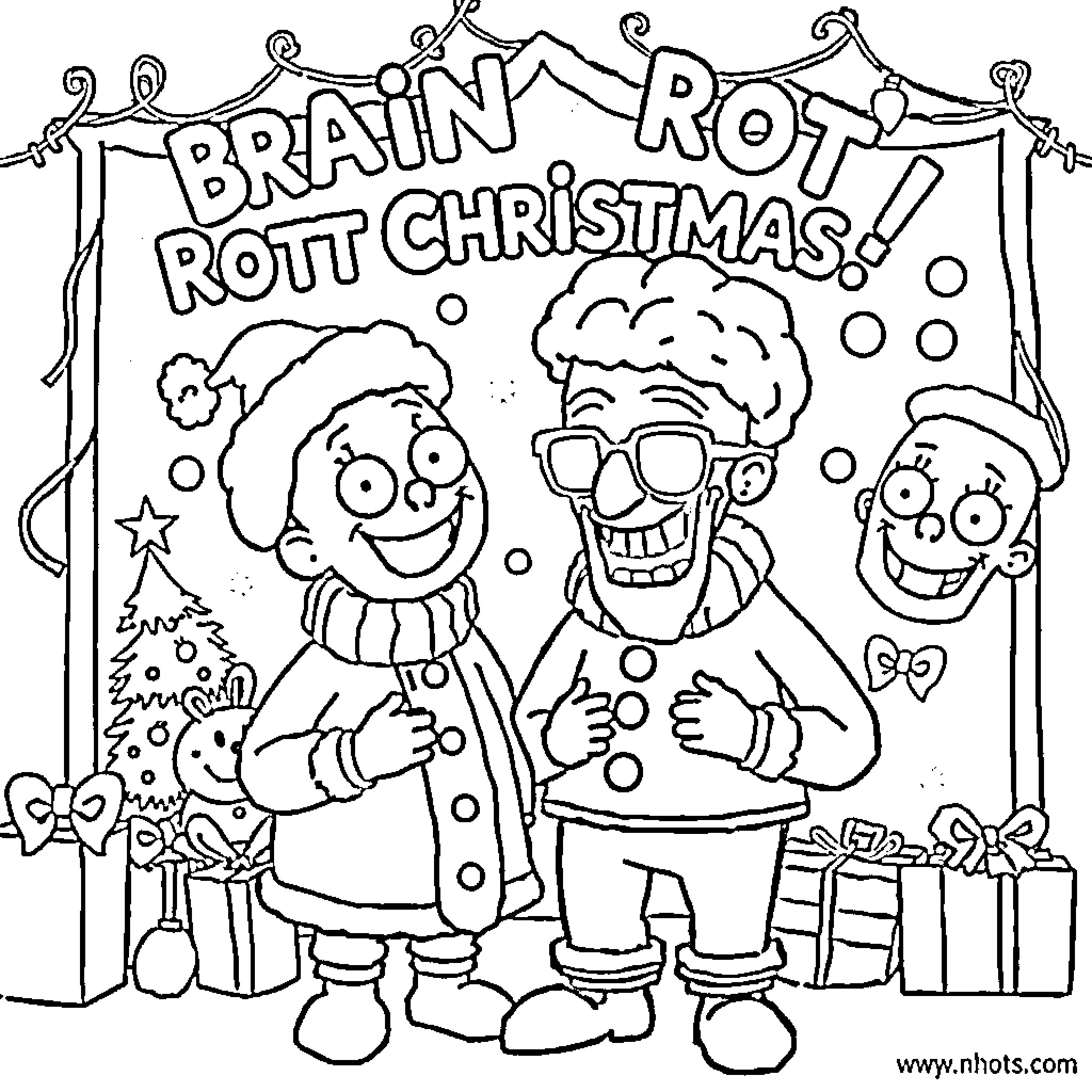Brain Rott Christmas Celebration Coloring Page (free black-and-white line drawing printable PDF for all, from beginners to advanced learners, including children, teens, adults, and seniors)