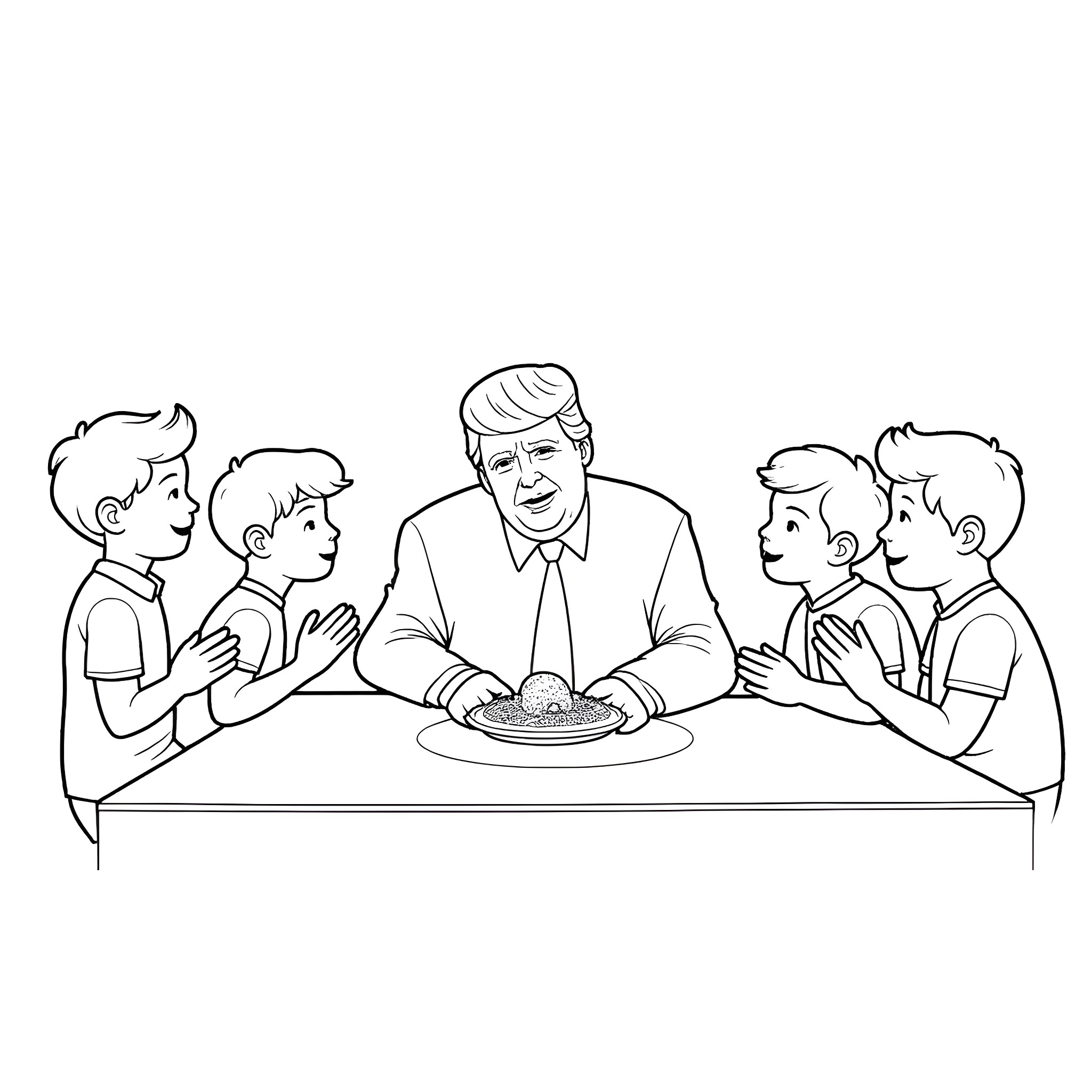 Donald Trump enjoying a meal with family at the dinner table Coloring Page (free black-and-white line drawing printable PDF for all, from beginners to advanced learners, including children, teens, adults, and seniors)